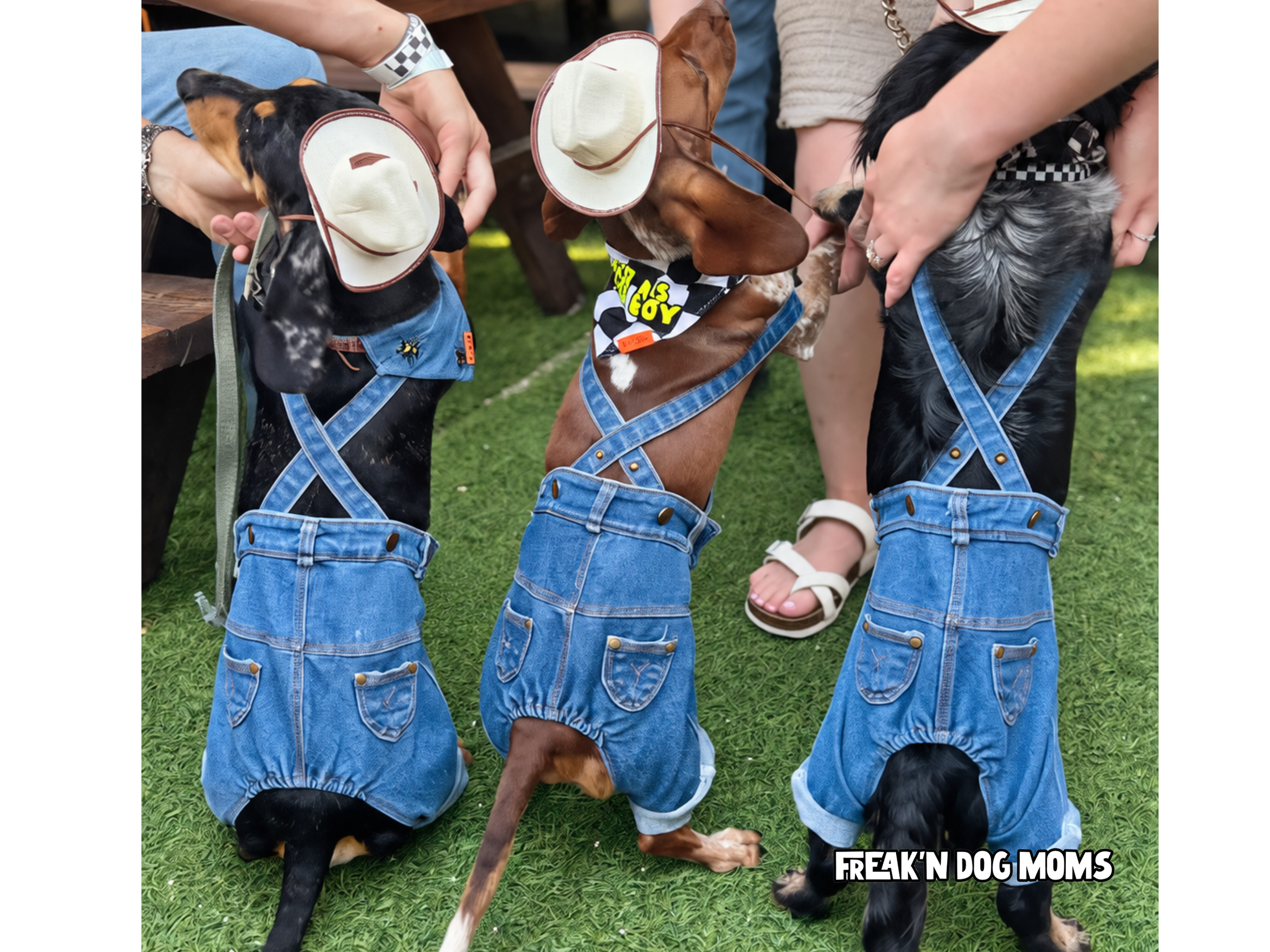 Funny and adorable dog outfit with denim overalls, cowboy hat, and glasses — perfect for Halloween, pet photos, or unique gift for dog moms.