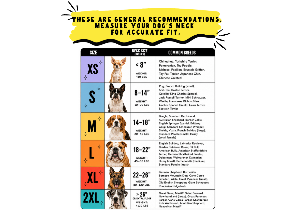 Reversible dog bandana size chart showing XS, S, M, L, XL and 2XL neck measurements, weight ranges and recommended dog breeds