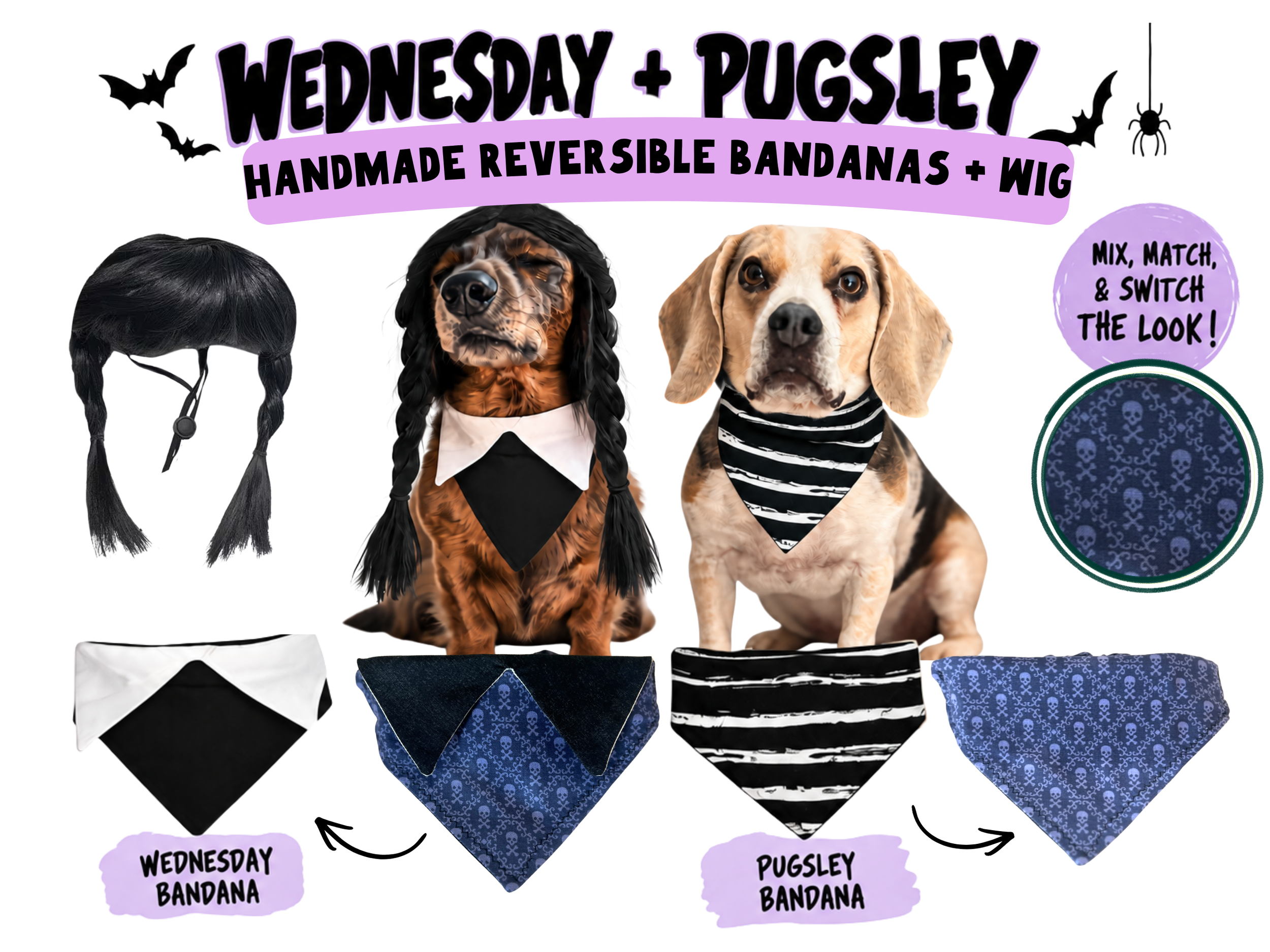 Product overall featuring Wednesday and Pugsley Addams Family reversible dog bandana and Wednesday wig, making the best Halloween costume idea for 2 dogs.