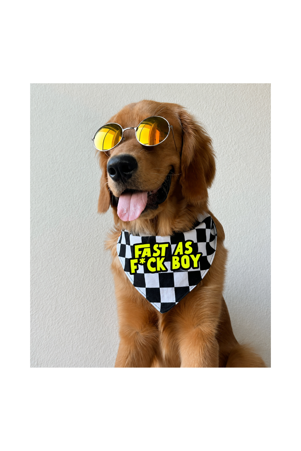 Handmade reversible scrunchie dog bandana featuring a funny checkerboard print on one side and a black and white striped lightning bolt design on the reverse with customizable fabric options.