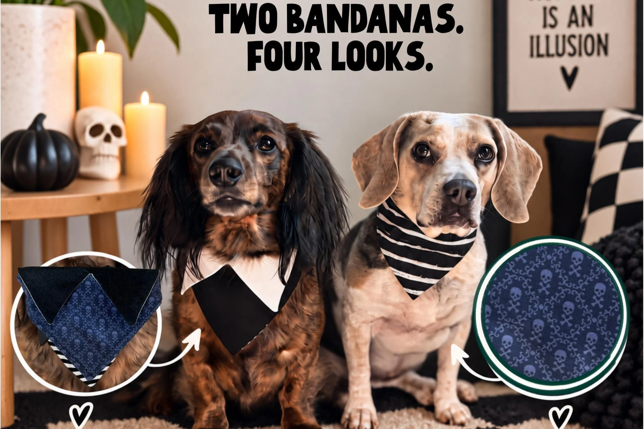Two dogs wearing reversible Halloween bandanas with four different looks, black and purple spooky dog accessories for dog lovers