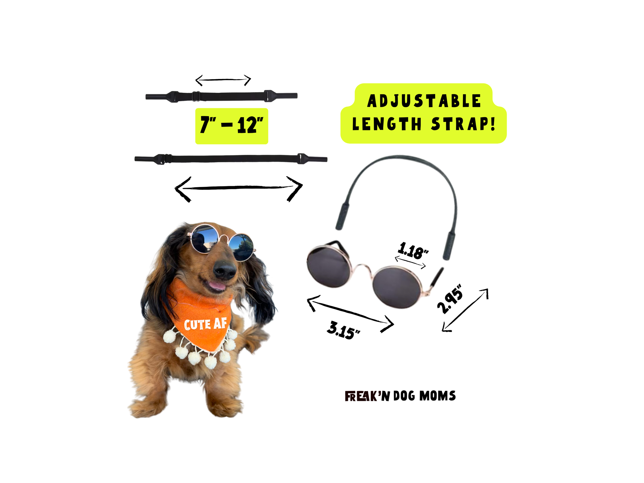 Size chart for sunglasses for small dogs with adjustable, elastic strap to fit small dogs and cats.
