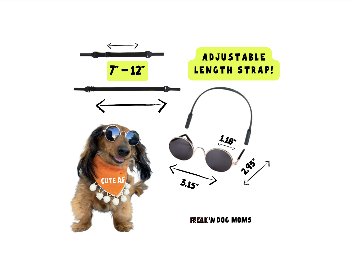 Size chart for small sunglasses for dogs with adjustable, elastic band to stay on.