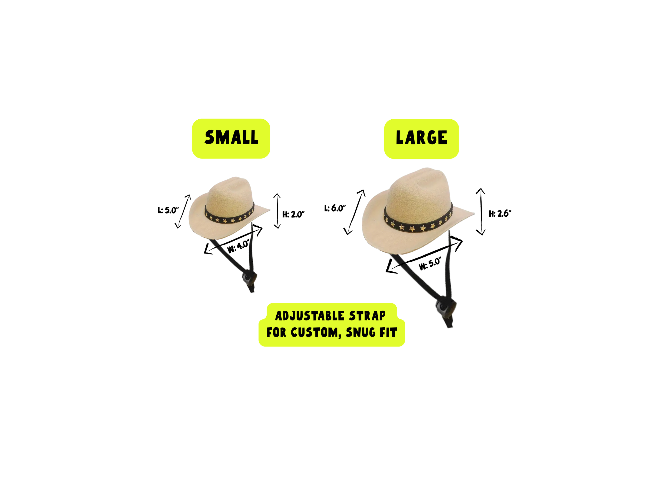 Size chart for custom tan cowboy hat for dogs and cats.
