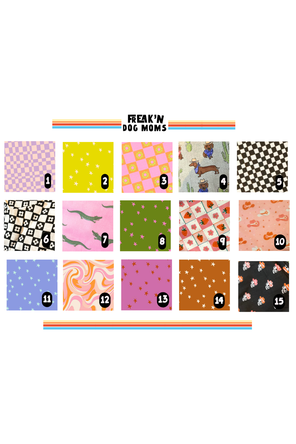 Custom fabric options for reversible handmade dog bandanas featuring floral, checkered, western, novelty, and seasonal cotton prints.