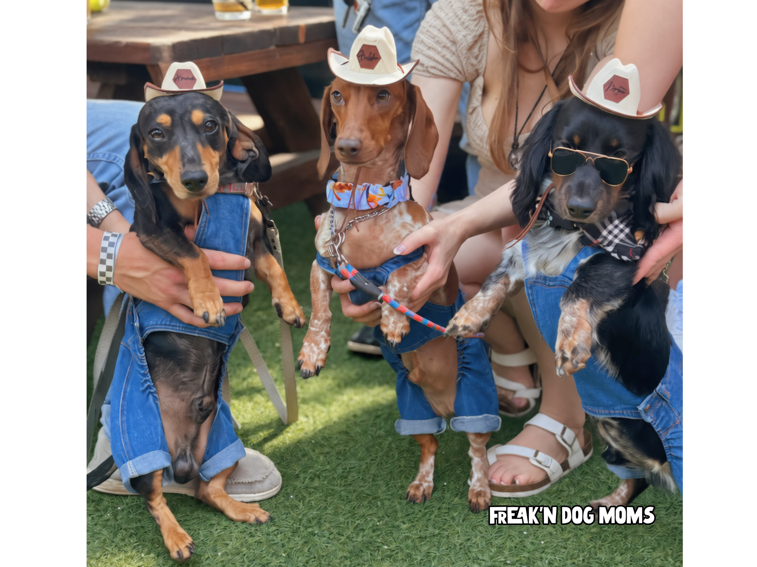Three dachshunds wearing denim dog overalls and cowboy hats, cute western cowboy outfit for small dogs