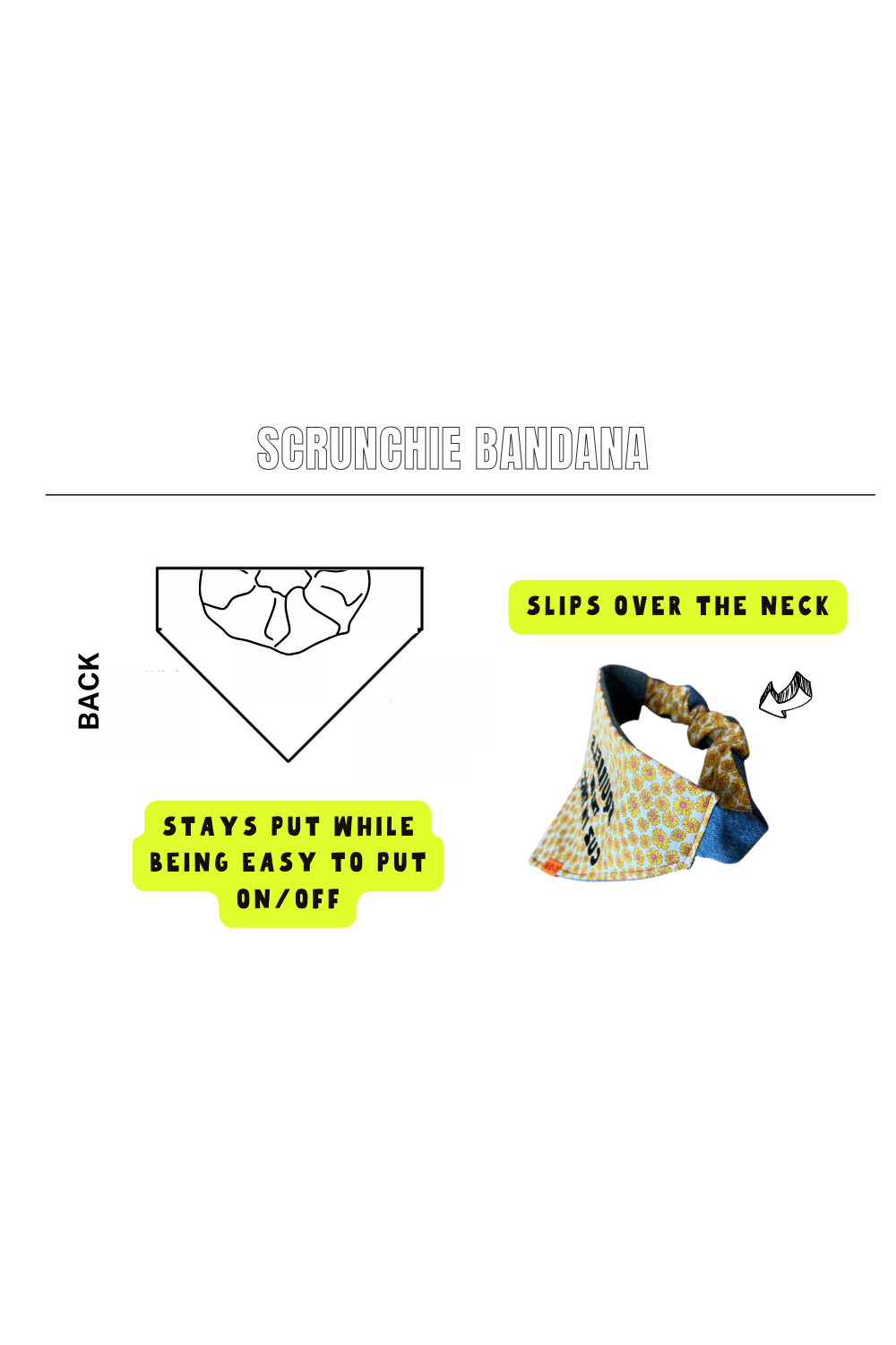 Funny dog accessory featuring a handmade reversible bandana that slips easily over your dog's collar for a secure, comfortable fit.