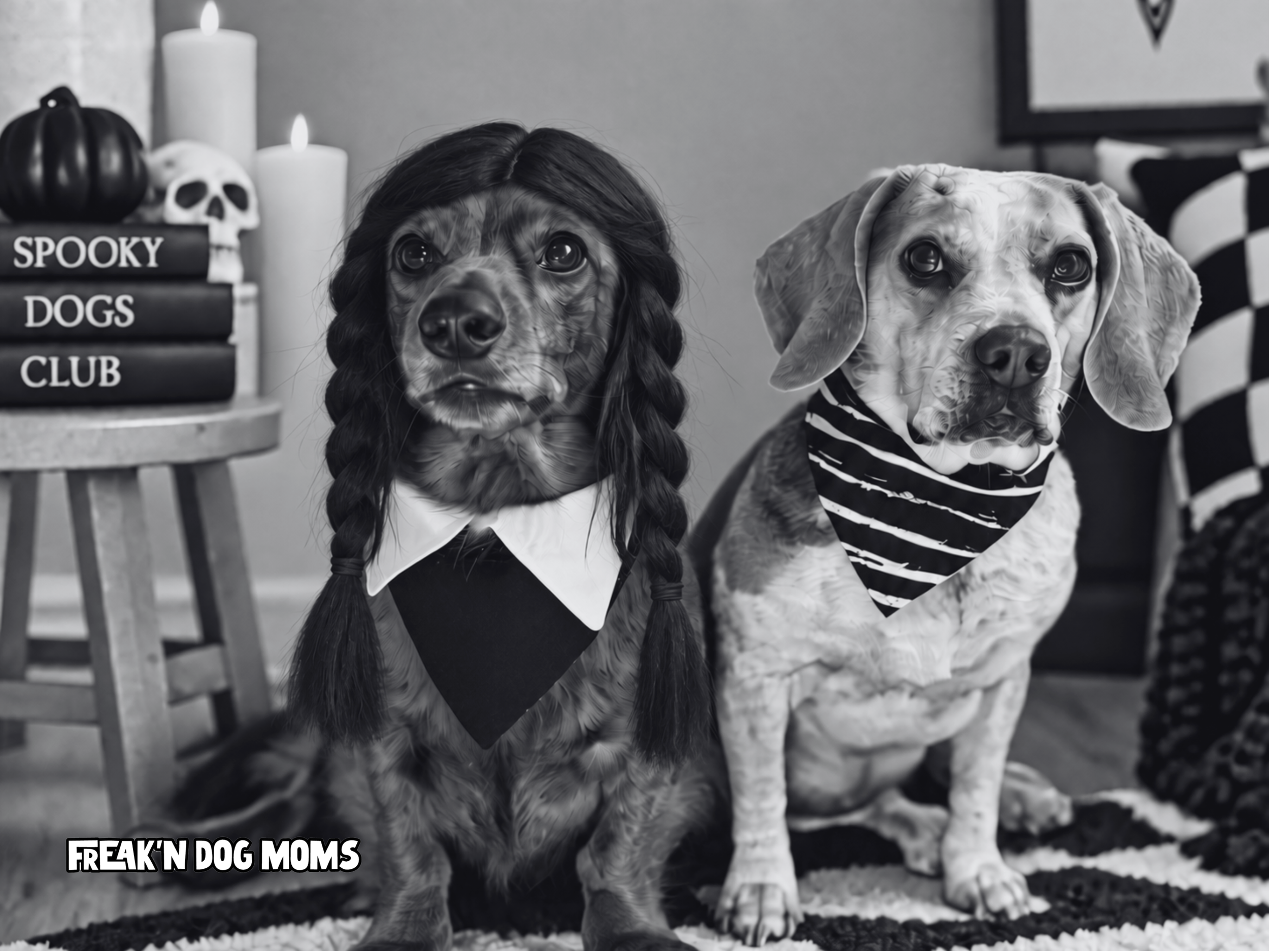 Wednesday and Pugsley Addams Dog Bandanas in Black and White