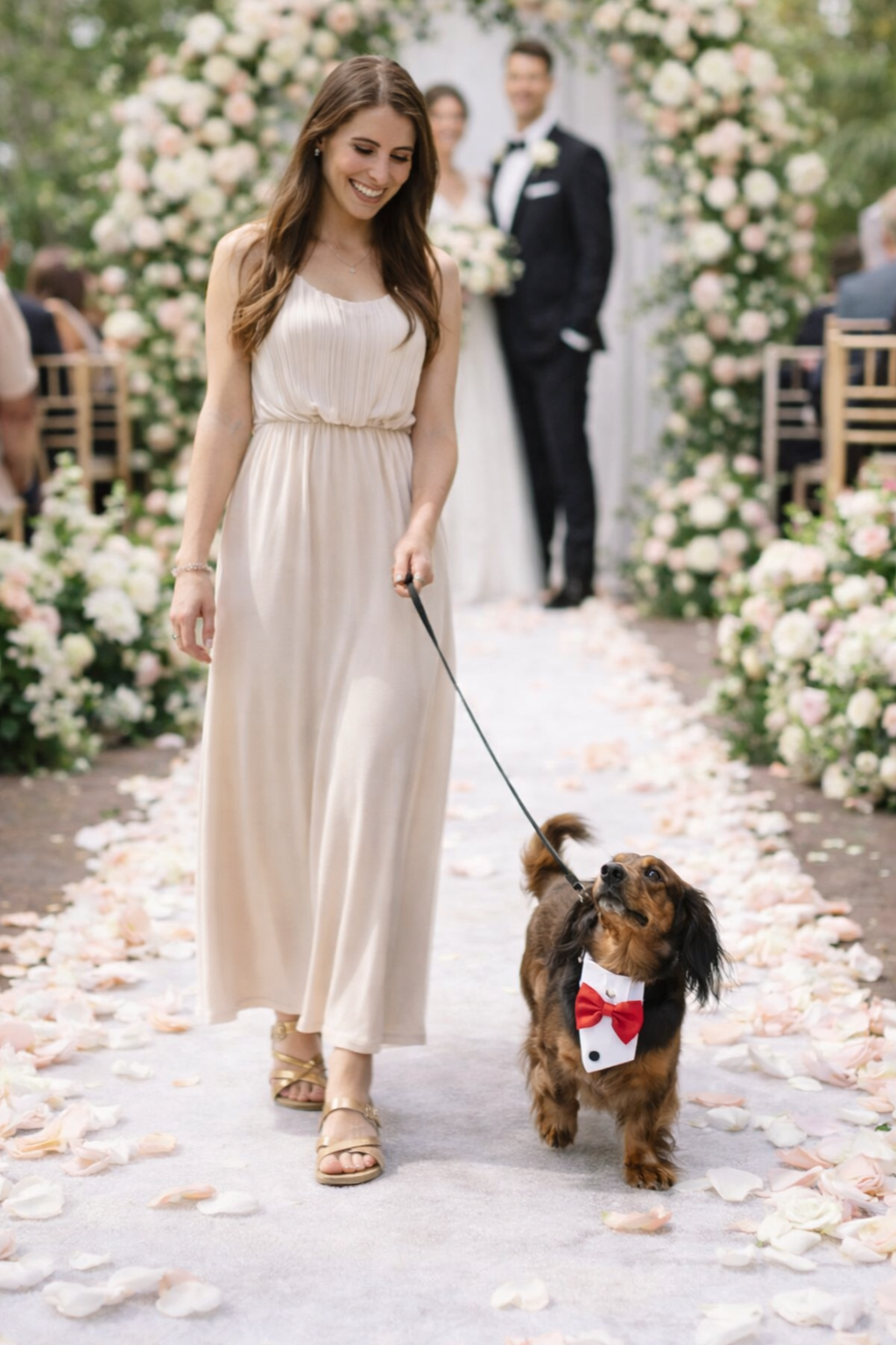 Handler walking down the isle with dachsund