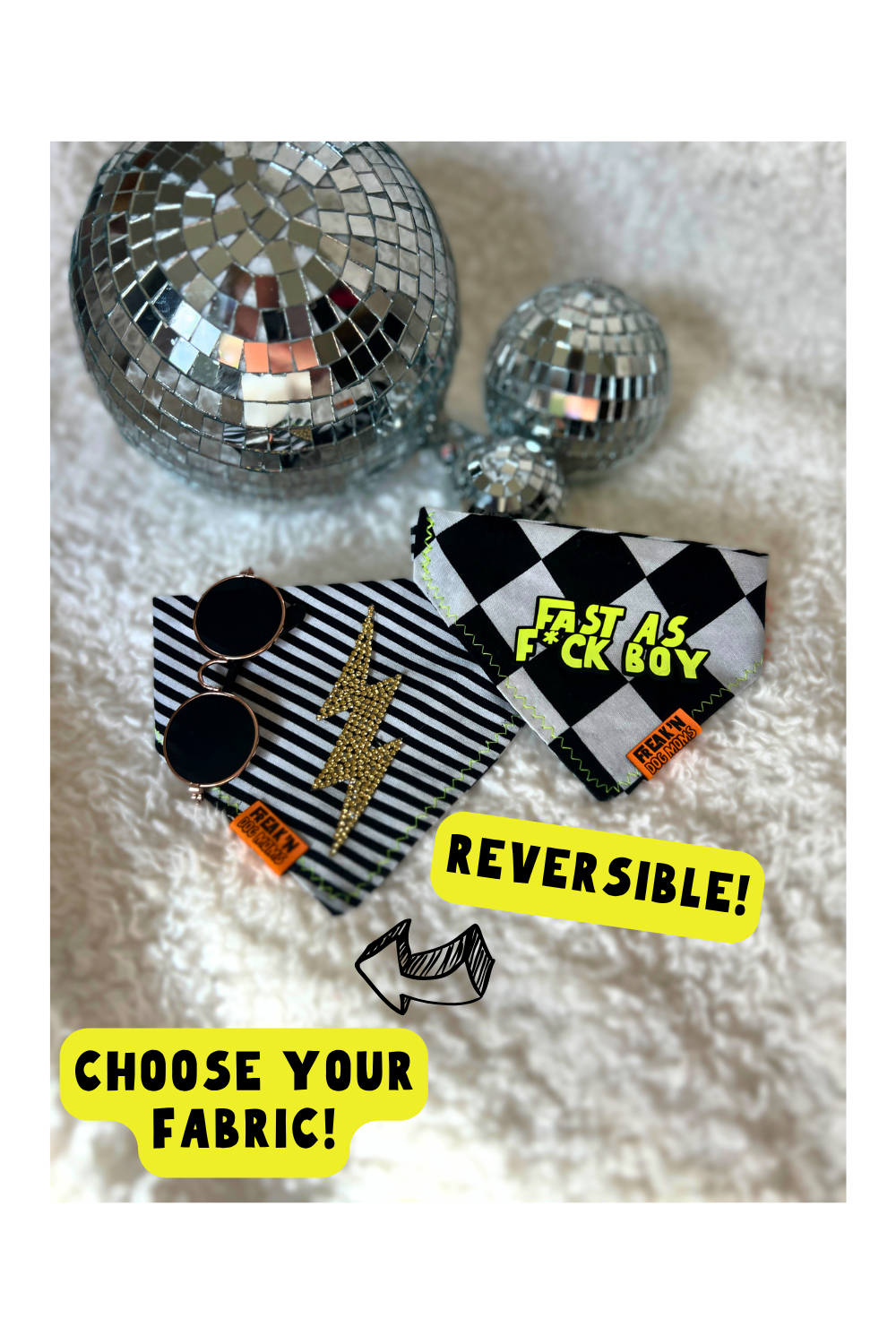 Handmade reversible scrunchie dog bandana featuring a funny checkerboard print on one side and a black and white striped lightning bolt design on the reverse with customizable fabric options.