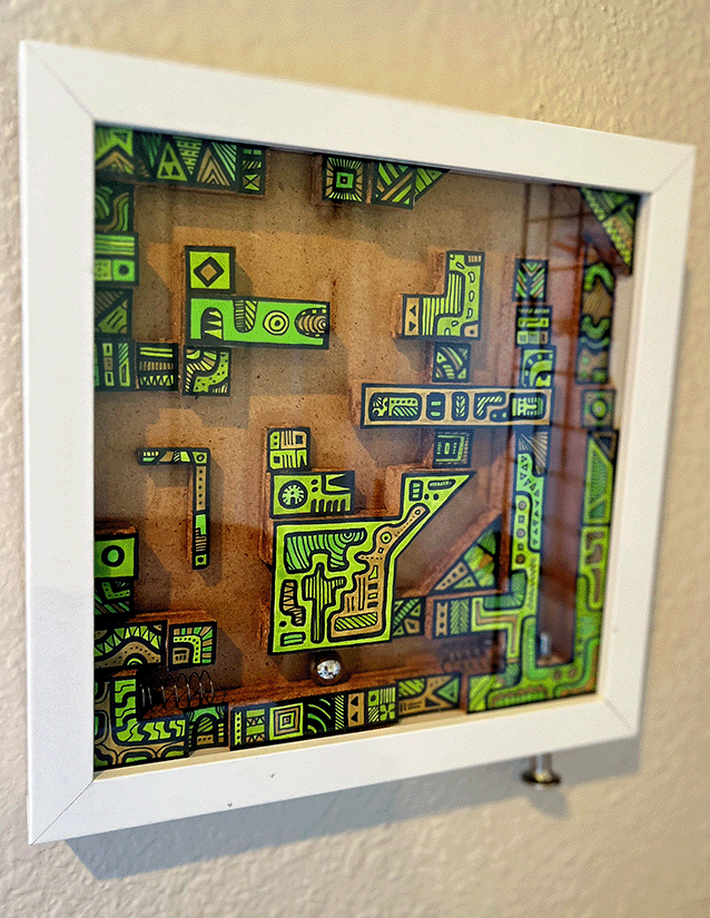 Green Marble Maze with Plunger and Springs, 2024, Pen and marker on paper with corkboard and other media