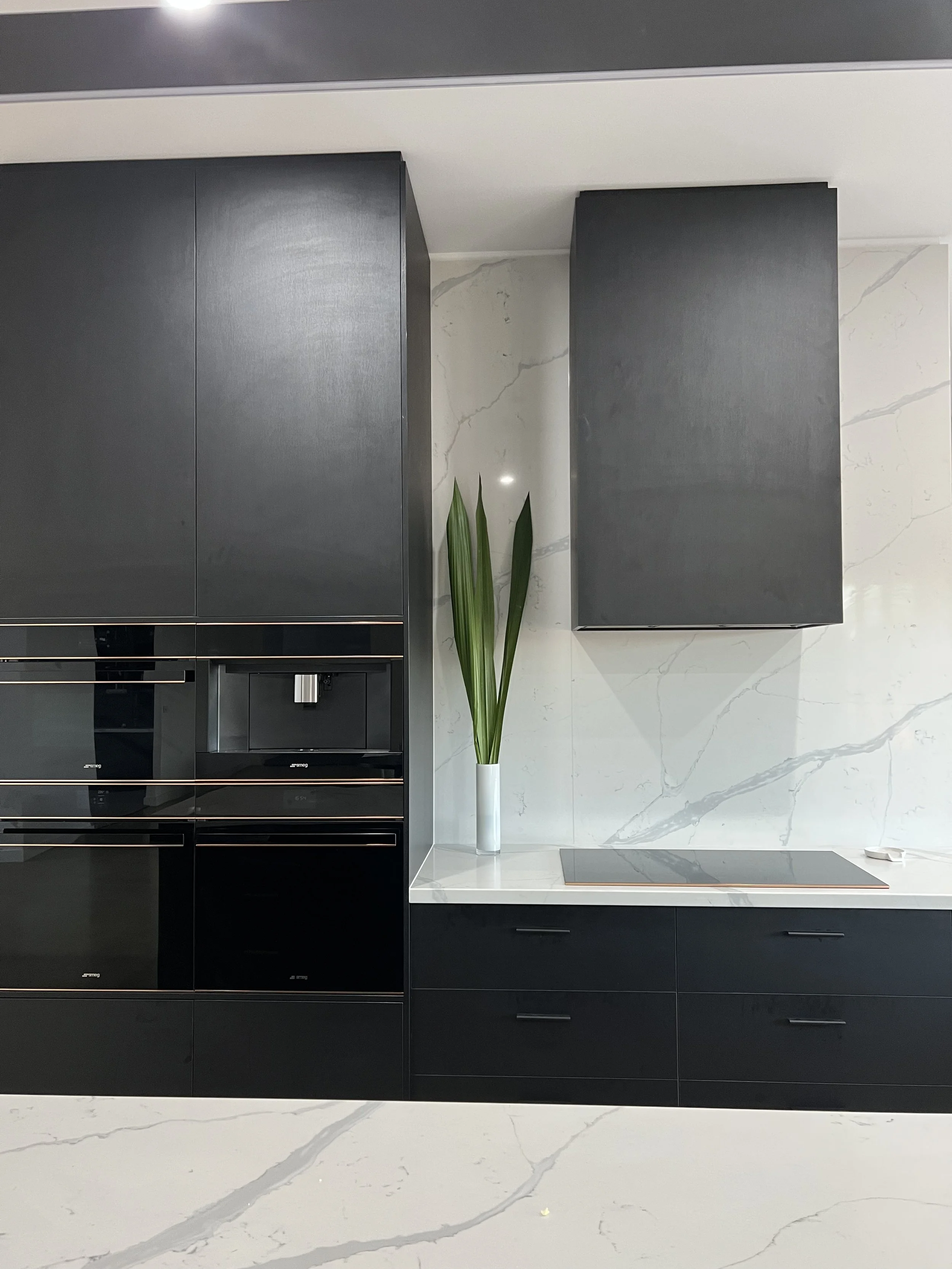 Modern kitchen with black cabinets, white marble backsplash, green plant in white vase, induction cooktop, and built-in oven.