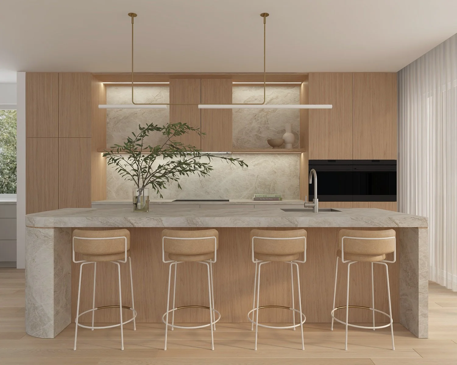 Modern kitchen with beige marble island, four beige barstools, wooden cabinets, and a potted plant on the island.