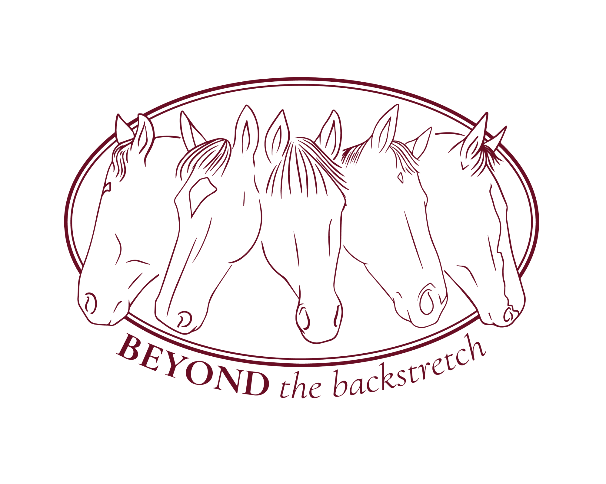 Line drawing of five horse heads with text "BEYOND the backstretch" underneath, surrounded by an oval border.
