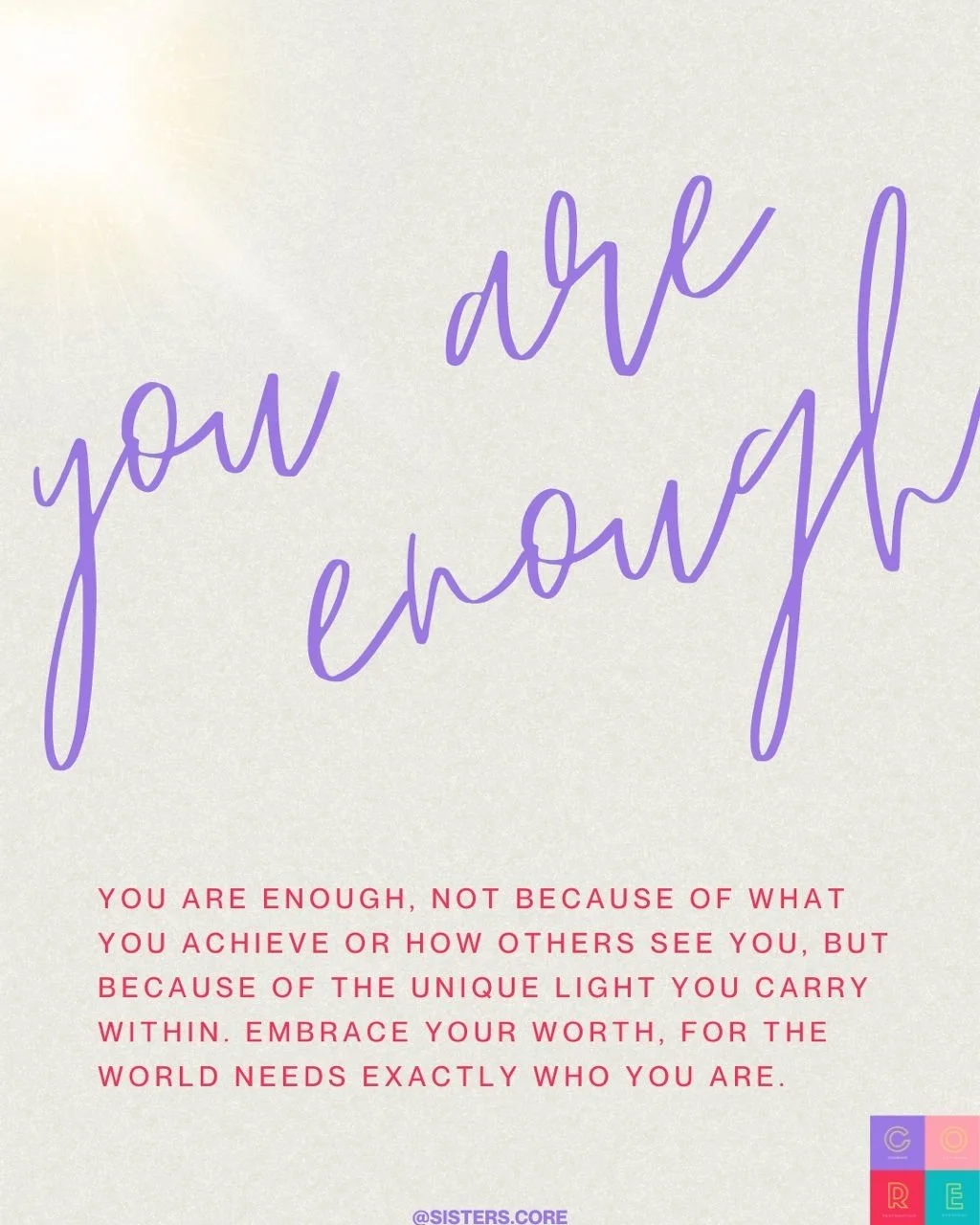 You are enough! 

Not because of your achievements, the way others see you, or the mistakes you&rsquo;ve made, but simply because of the unique light you carry within. ✨

Your worth is not up for negotiation. You are worthy of love, healing, and peac