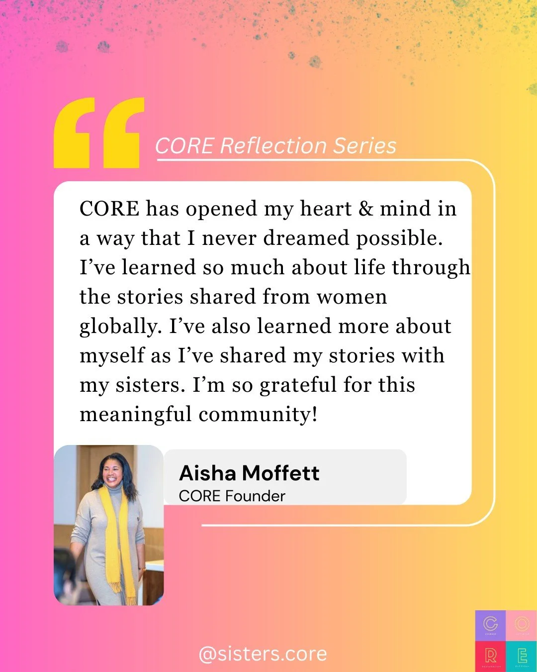 For 10 years, CORE has been a space where women don&rsquo;t just connect, they transform.

Through shared stories, honest conversations, and global sisterhood, hearts have opened. Minds have expanded. Confidence has grown.

What started as a vision h