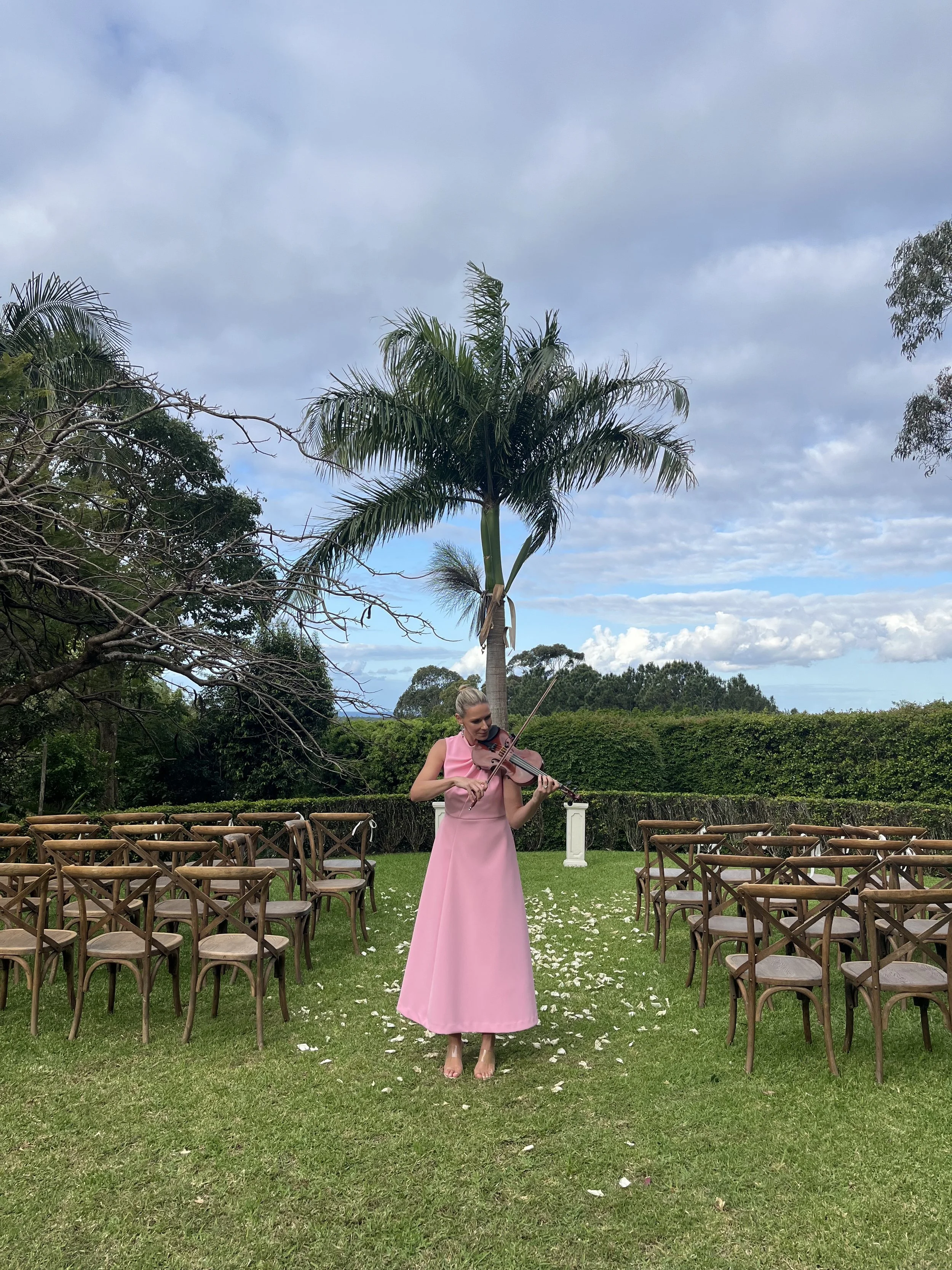 Lauren Bradnam Violinist in a pink dress playing the violin outdoors in a garden setting with chairs and a palm tree.