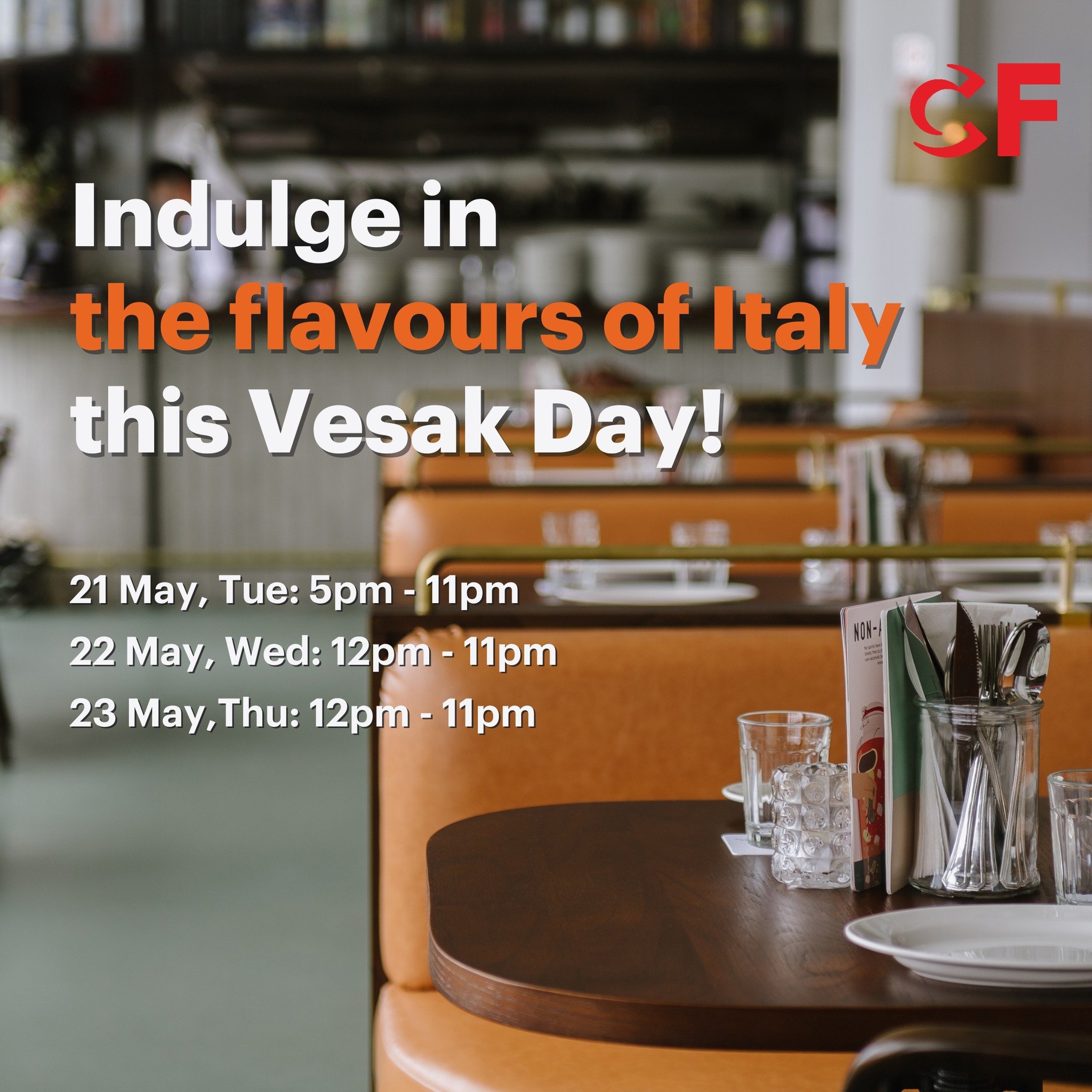 Buon Appetito! Savour every bite of the Italian experience with an afternoon spread this Vesak Day, 22 May!

Caffe Fernet will be open from 12pm, so bring the whole family and indulge in a delicious lunch by the bay. Don't miss our Seafood Riviera sp