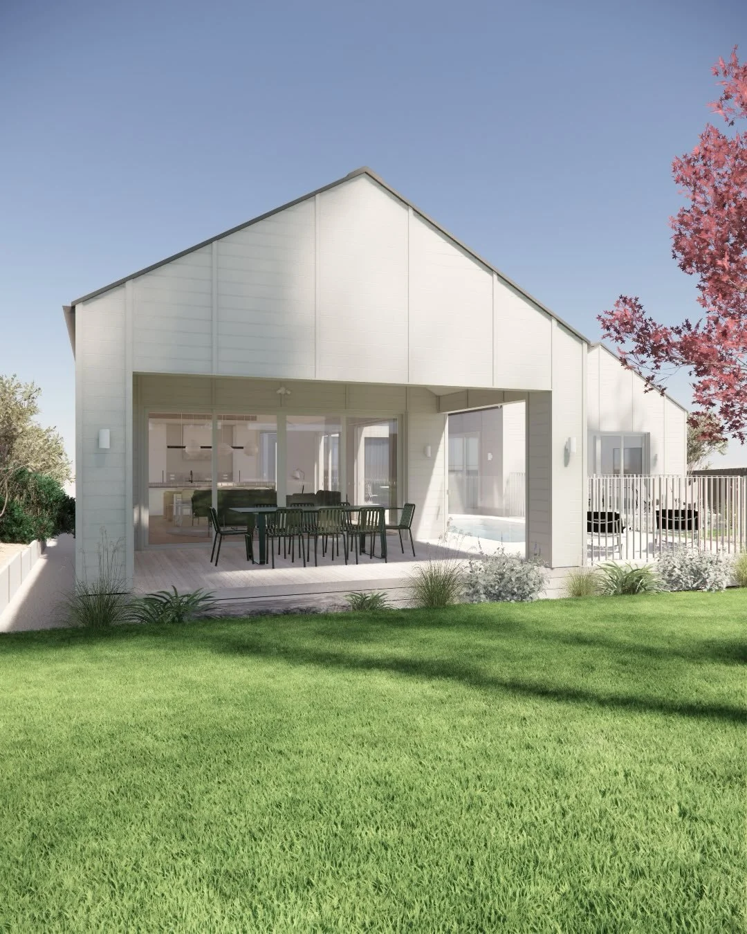 Mount Eliza house, a new split-level four-bedroom family home with Hoad Building Co.
The covered rear terrace offers year round outdoor dining with direct access to the central pool, while a small deck off the multi purpose room (second living room) 
