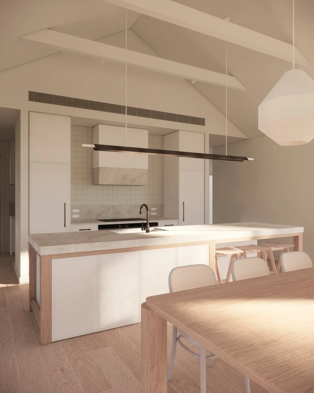 Mount Eliza house, a new split-level four-bedroom family home with Hoad Building Co.
The kitchen has been designed in a modern farmhouse style, with profiled laminate joinery in a soft warm white complemented by Taj Mahal engineered stone and antique