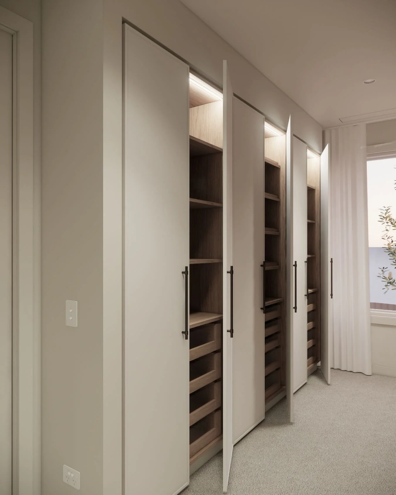 Mount Eliza house, a new split-level four-bedroom family home with Hoad Building Co.
The vast walk in robe will feature glass fronted drawers, shoe shelves and hanging space. We&rsquo;ve specified a timber-look laminate finish for the cupboard intern