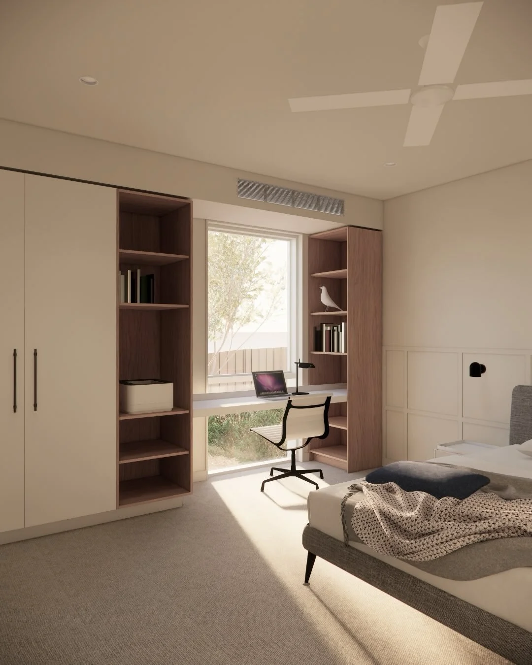 Mount Eliza house, a new split-level four-bedroom family home with Hoad Building Co.
Three bedrooms include robes with integrated desks, two for the kids and one as a combined bedroom / office space with additional open shelving. Feature open shelvin