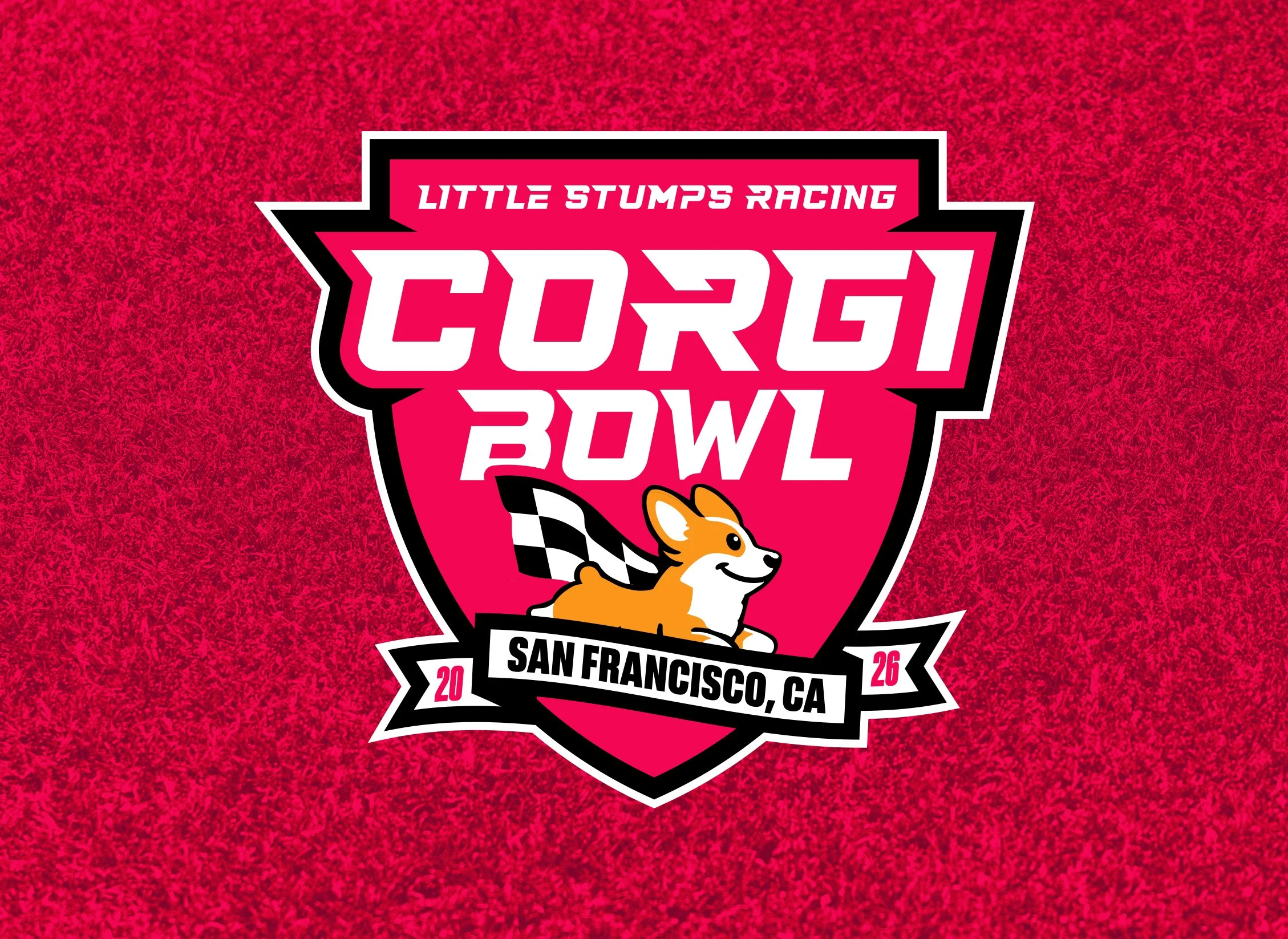 Logo for the Corgi Bowl, a Little Stumps Racing event in San Francisco, CA, with a corgi holding a checkered flag on a pink textured background.