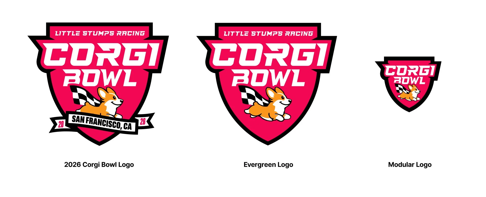 Comparison of three designs for the 2026 Corgi Bowl logo, featuring a corgi and racing theme, including a detailed logo, an evergreen logo, and a modular logo.