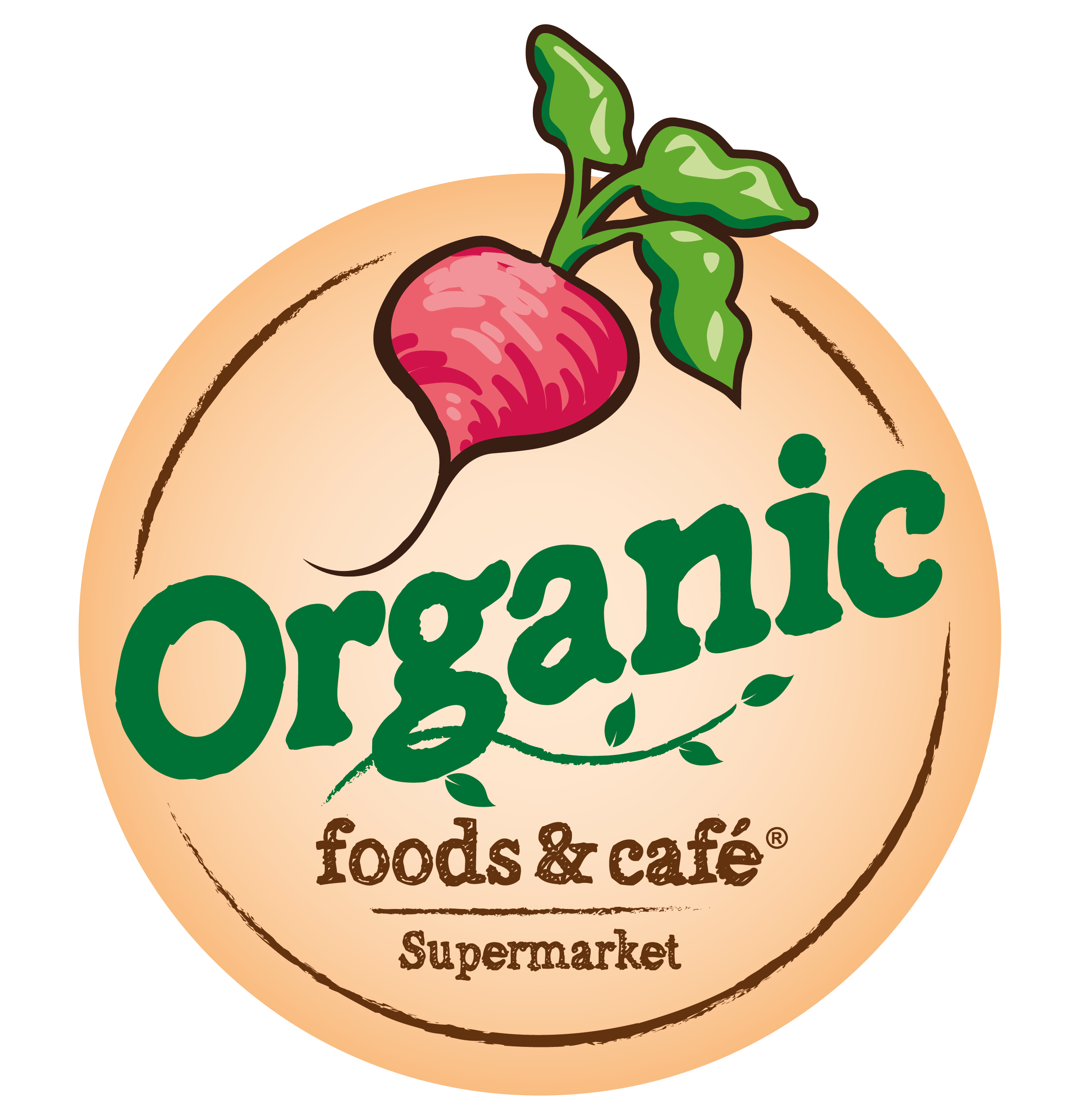 Logo for Organic Foods & Café Supermarket featuring a radish with green leaves and the word "Organic" in green letters.