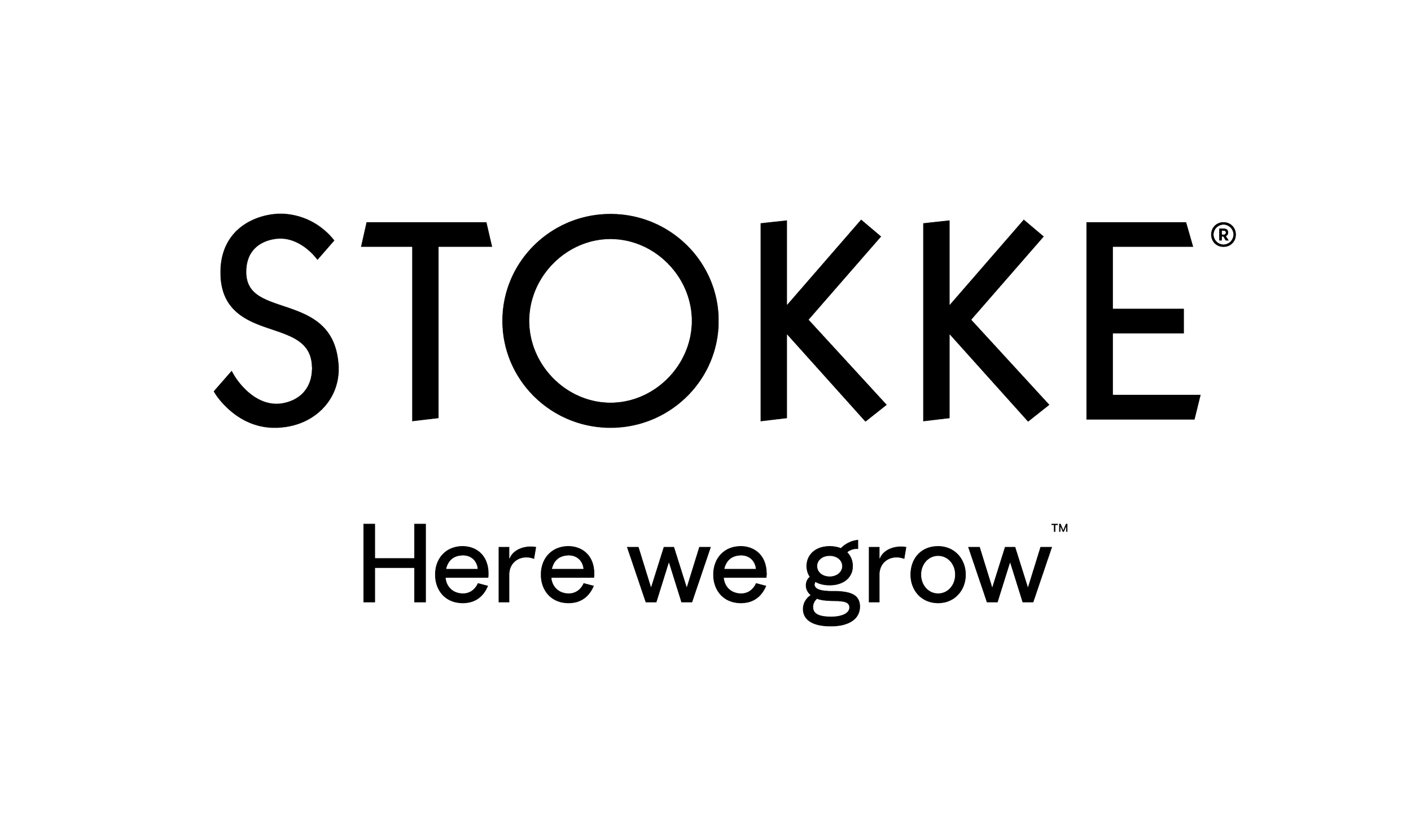 The Stokke logo with the slogan "Here we grow" on a black background.