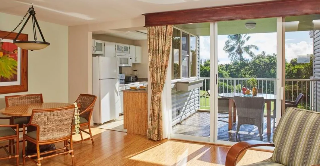 Living room opening to a screened balcony with outdoor dining area, tropical trees visible outside