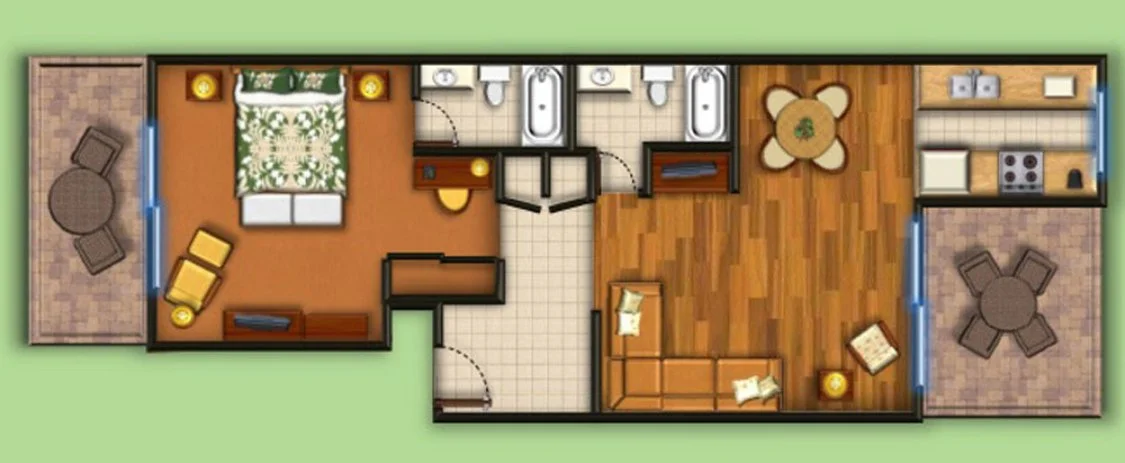 Floor plan of a small apartment with a bedroom, two bathrooms, a living room, a kitchen, and two balconies.