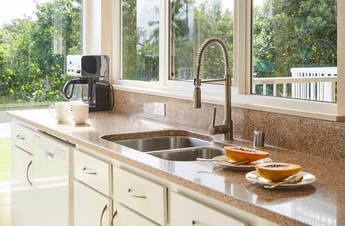 Kitchen countertop with a coffee maker, two coffee mugs, and a sink with a tall faucet. There are cut papaya halves on plates. A window shows greenery outside.
