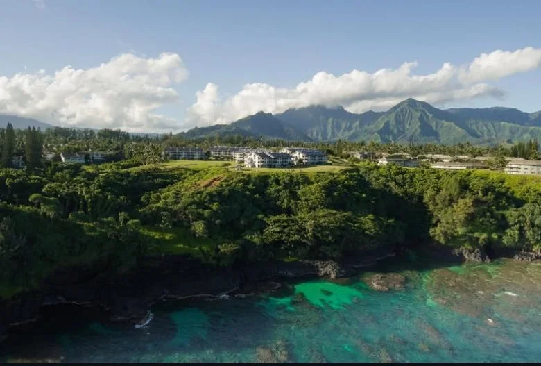 Coastal landscape with lush green trees, turquoise water, and mountainous background under partly cloudy sky.
