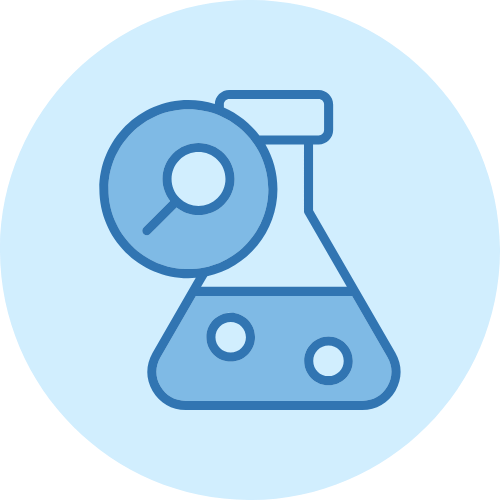 Icon of a laboratory flask and a magnifying glass, representing science or research.