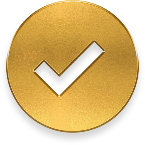 Gold checkmark badge with black checkmark inside.