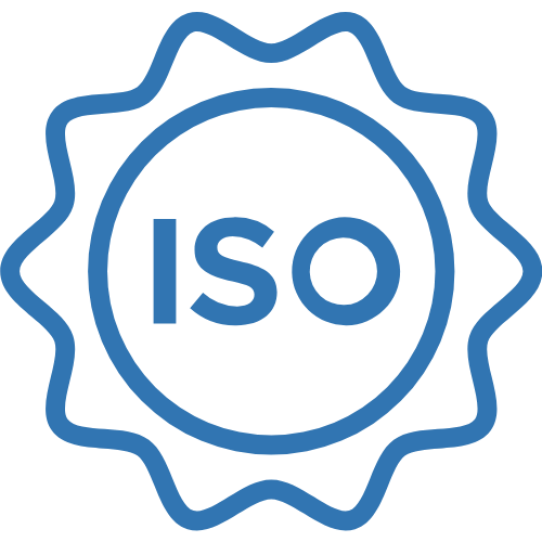 Blue ISO certification badge with a wavy border and the text 'ISO' in the center.