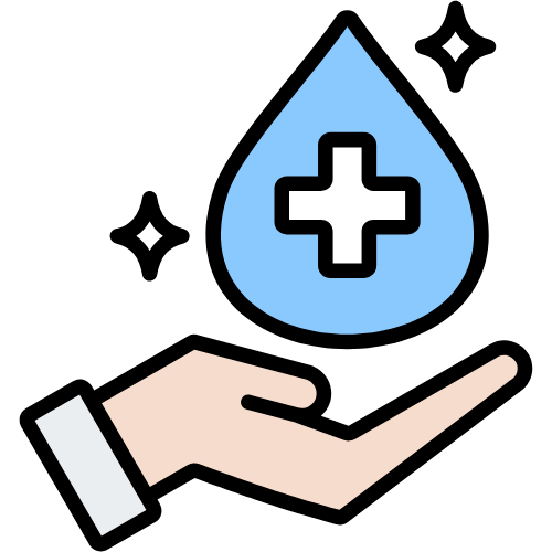 Illustration of a hand holding a water droplet with a medical cross inside the droplet.