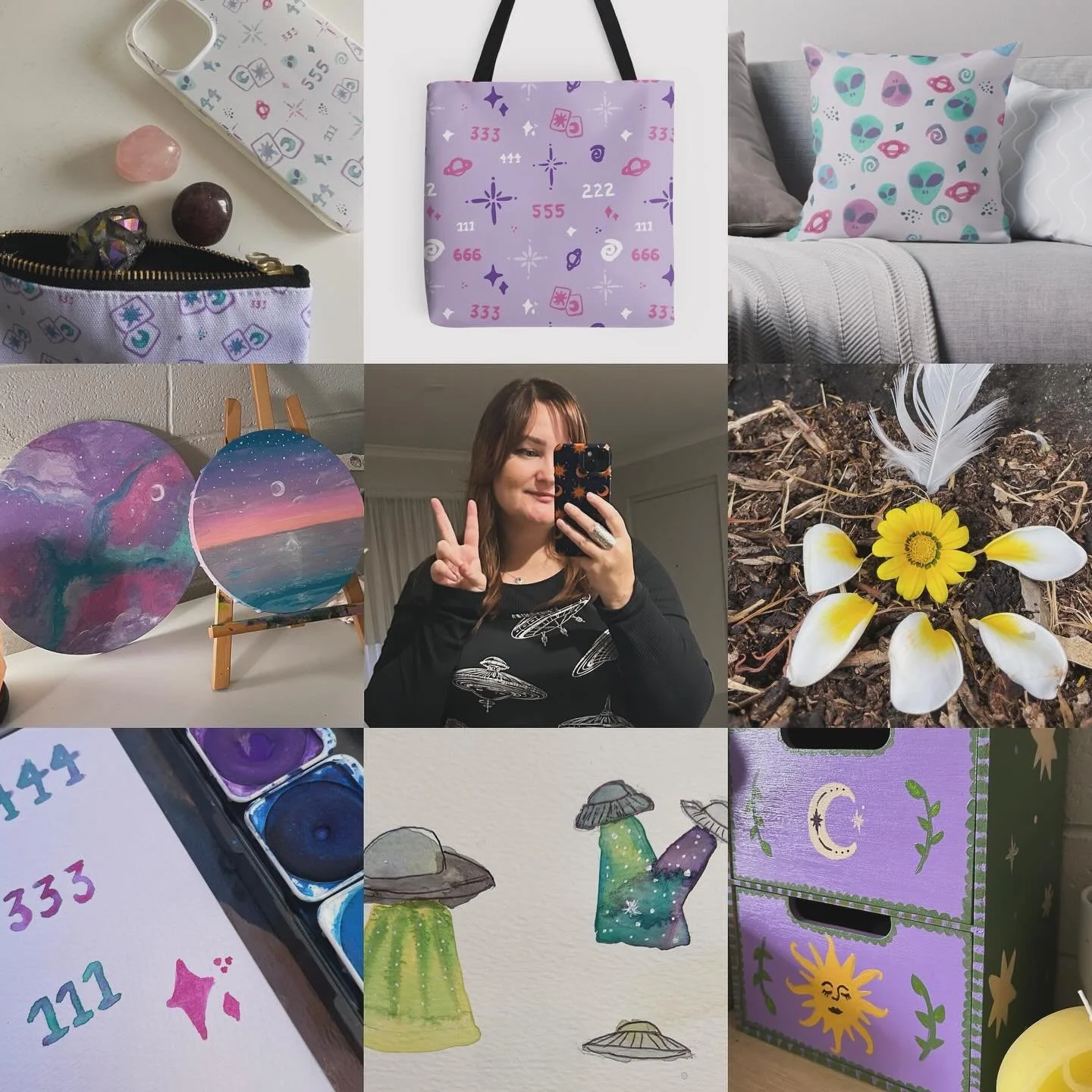 2025 #artvsartist 💜🛸 This year was all about going back to basics - watercolour, acrylic, physical media. Plus I finally got around to listing my pattern designs on @redbubble ✨ Pretty cool seeing my art on cute pouches, phone cases and cushions 🥹
