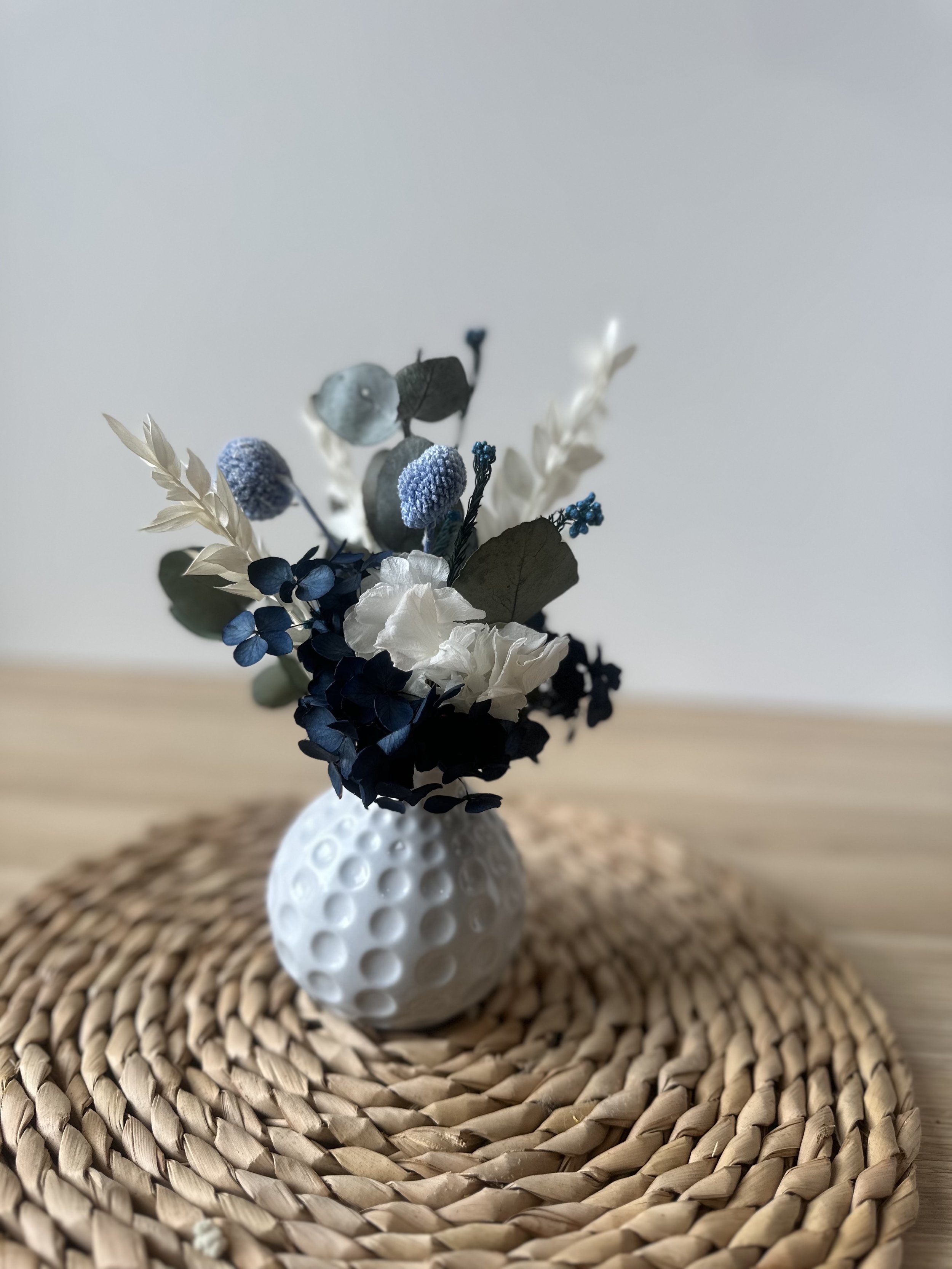 Dried Flower Arrangement - White & Navy mini vase