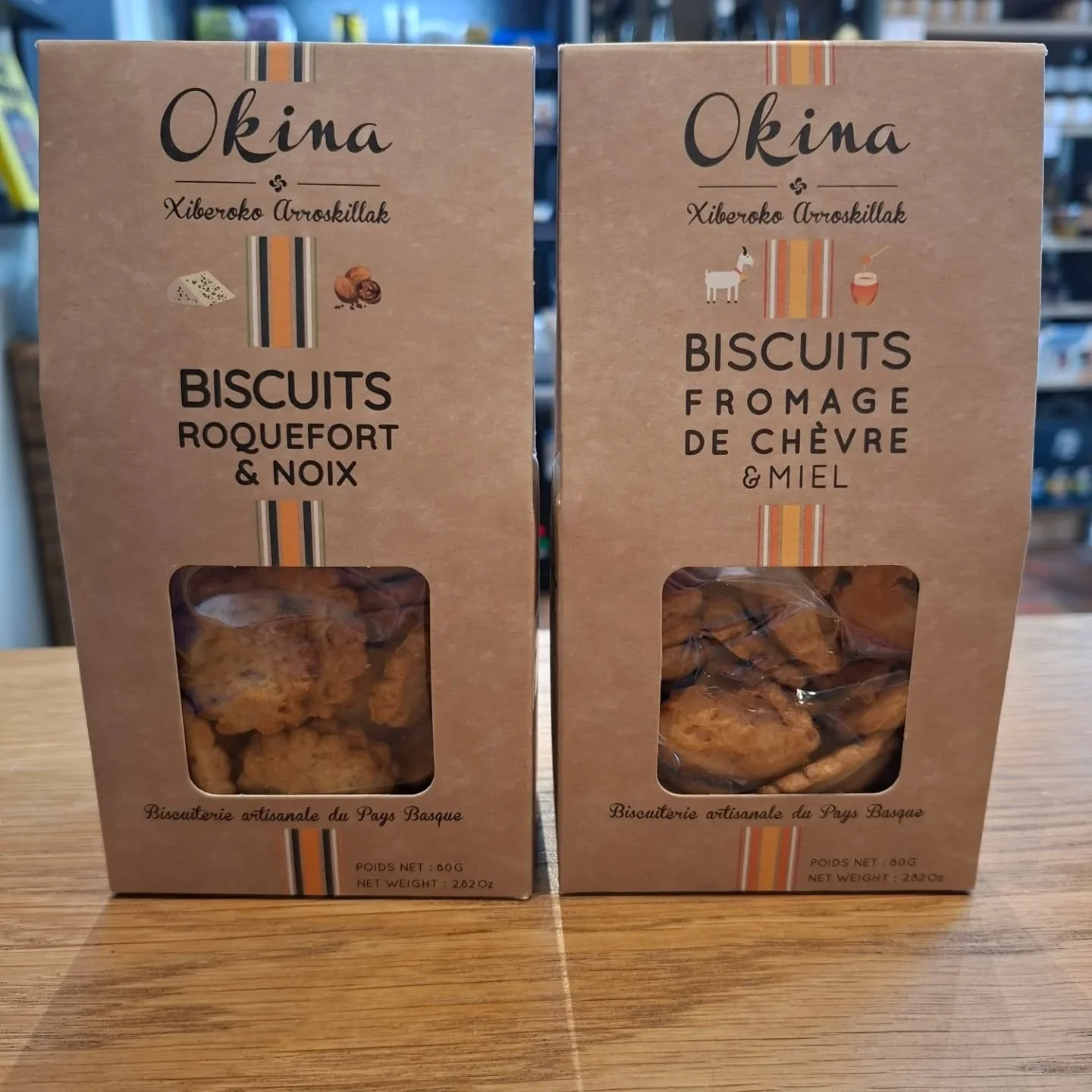 Delicious cheese biscuits from Okina - a small producer in the Basque country.

Choose from Roquefort &amp; Walnuts (also contains Ossau Iraty cheese) or Goats Cheese. 

The perfect accompaniment to your glass of wine or elevate your cheeseboard 🧀

