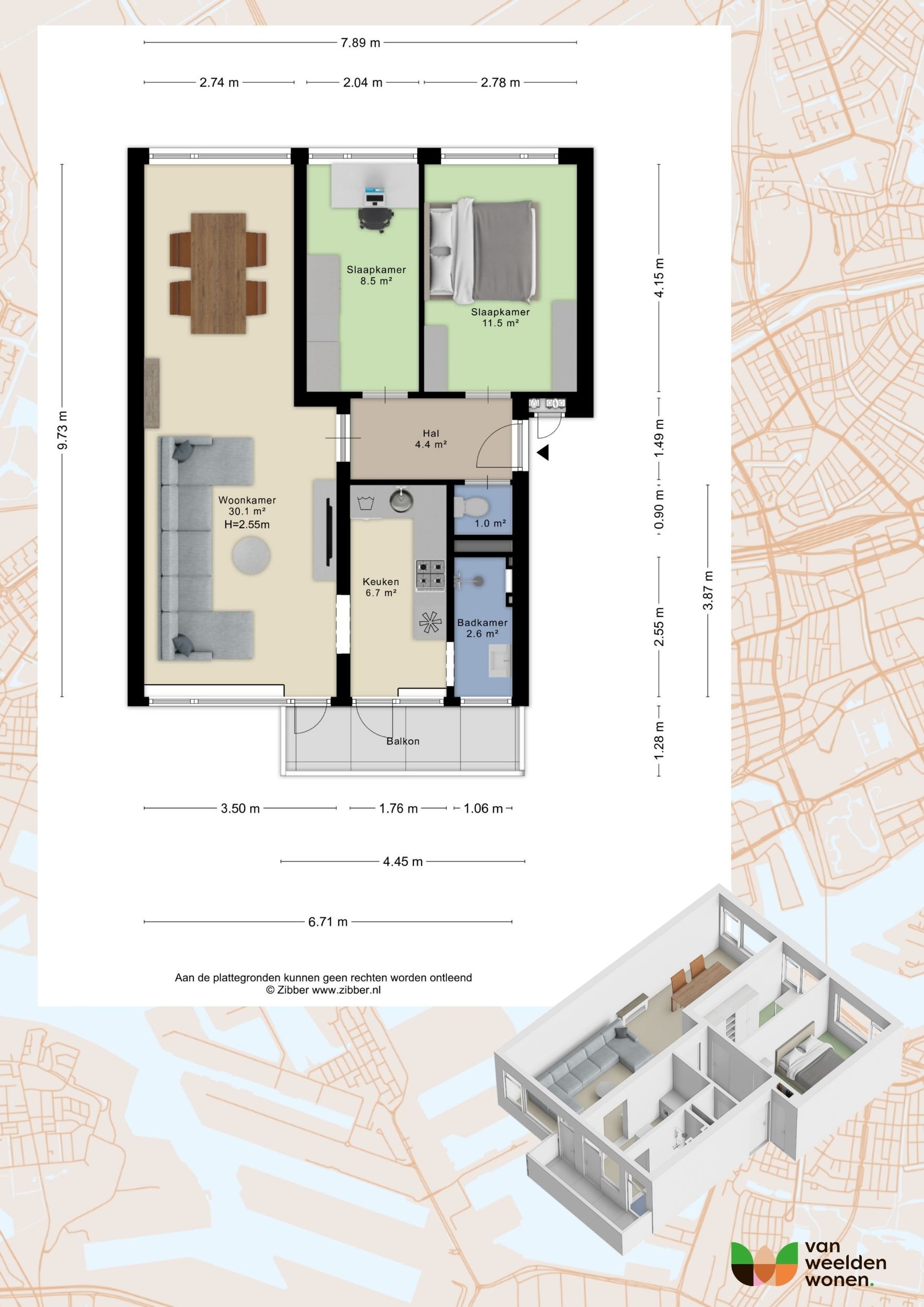Plattegrond van het appartement aan de Albert Cuypstraat 21 in Capelle aan den IJssel met doorzonwoonkamer, keuken, twee slaapkamers, badkamer en balkon.