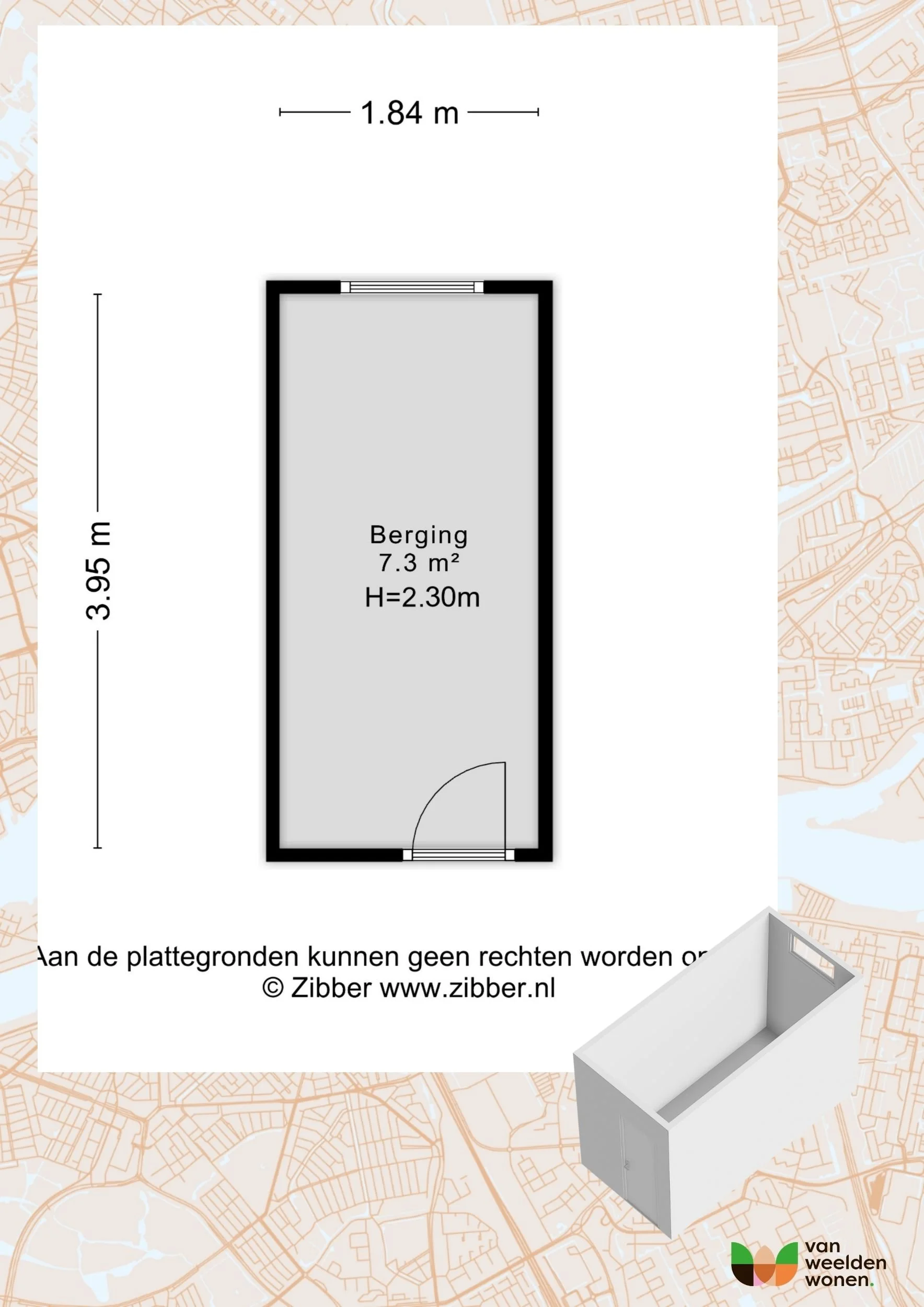 Plattegrond van de eigen berging van 7,3 m2 op de begane grond bij het appartement aan de Albert Cuypstraat 21 in Capelle aan den IJssel.