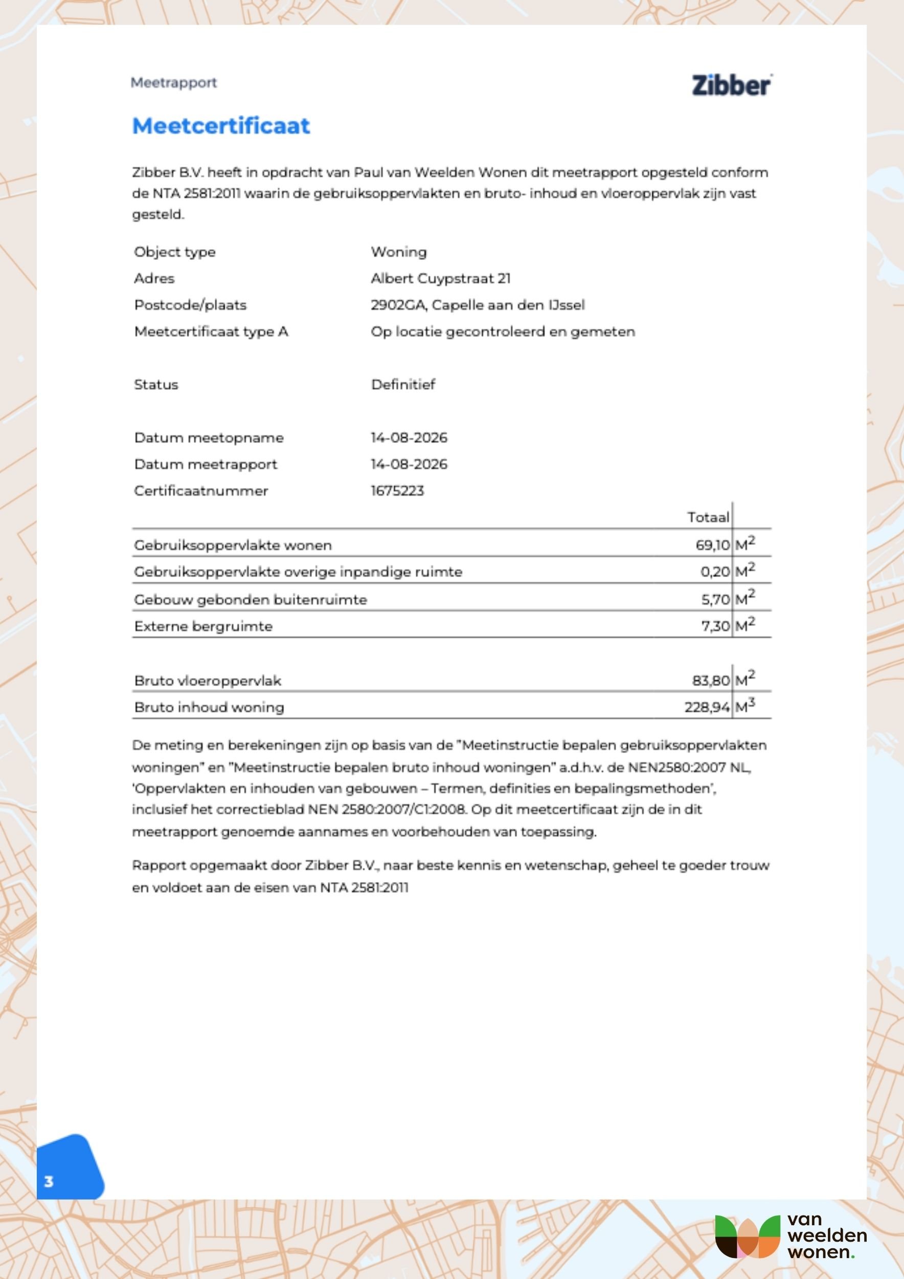 Meetcertificaat NEN 2580 van het appartement aan de Albert Cuypstraat 21 in Capelle aan den IJssel met een woonoppervlakte van 67 m2.
