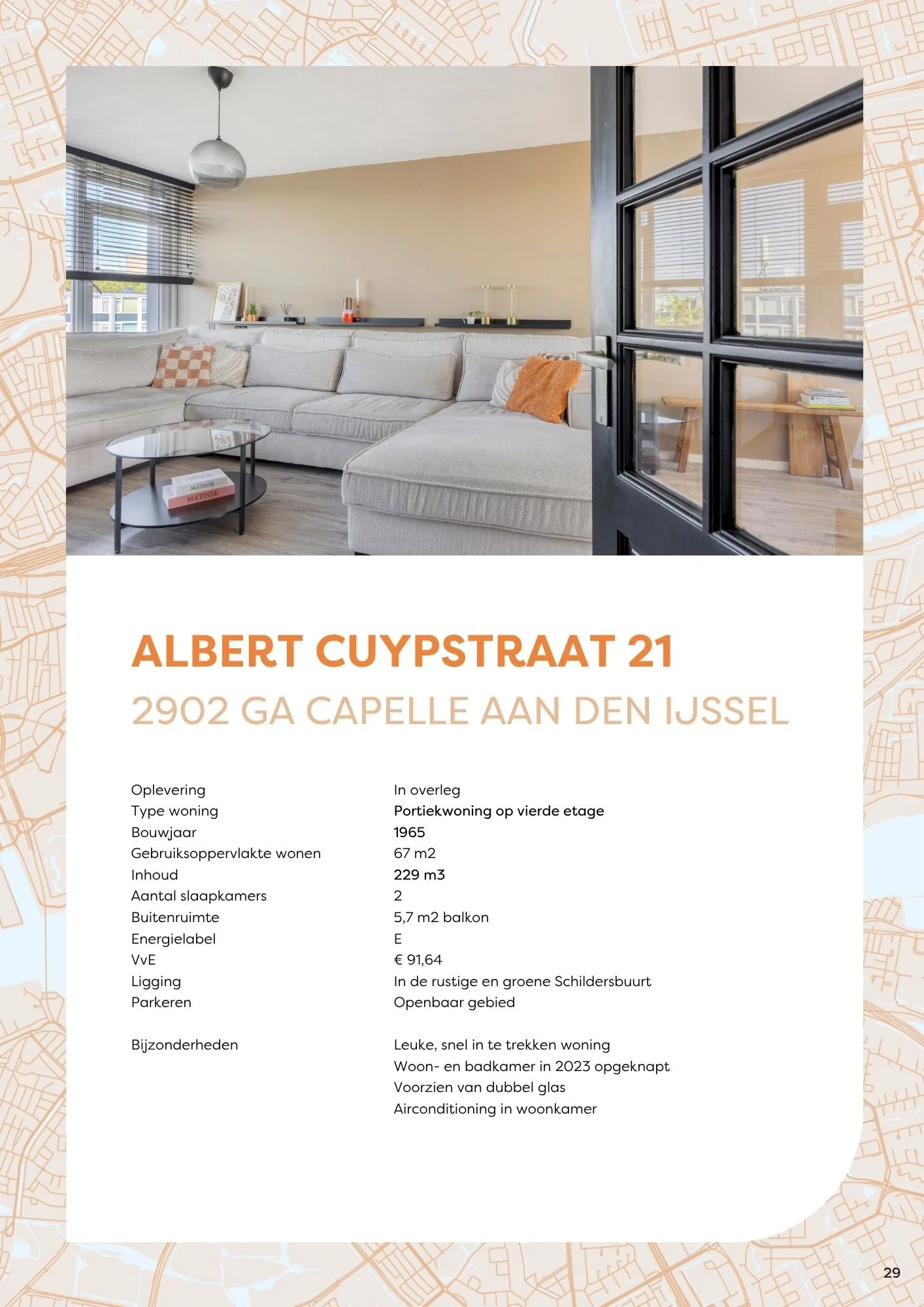 kenmerken appartement Albert Cuypstraat 21 Capelle aan den IJssel, 67 m2 woonoppervlakte, 3 kamers waarvan 2 slaapkamers, bovenste woonlaag, balkon zuidwest, eigen berging, energielabel E, vraagprijs 269.000 euro kosten koper.