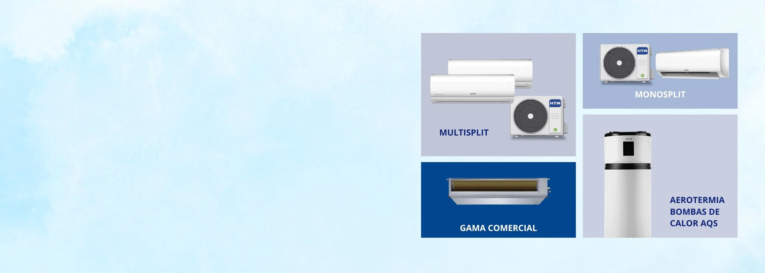 Imagem de catálogos de sistemas de climatização, incluindo ar-condicionado multisplit, monosplit, gama comercial e bombas de calor AQS.