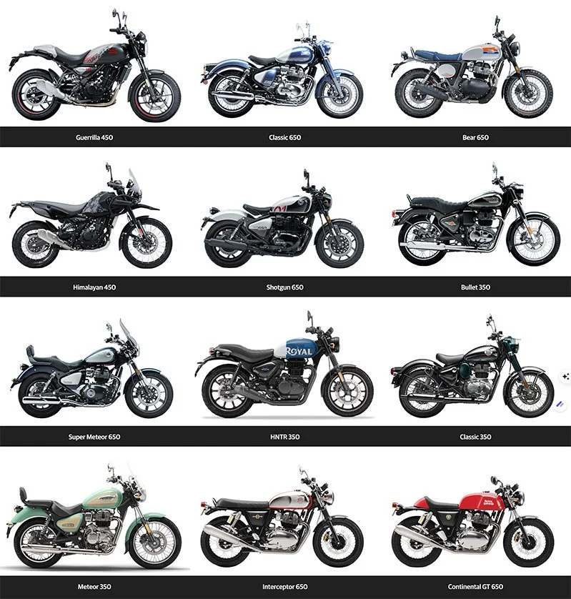 En samling av olika motorcyklar i tre rader, varje rad med tre motorcyklar. Första raden: Guerrilla 450, Classic 650, Bear 650. Andra raden: Himalayan 450, Shotgun 650, Bullet 350. Tredje raden: Super Meteor 650, HNTR 350, Classic 350. Fjärde raden: Meteor 350, Intercepter 650, Continental GT 650.