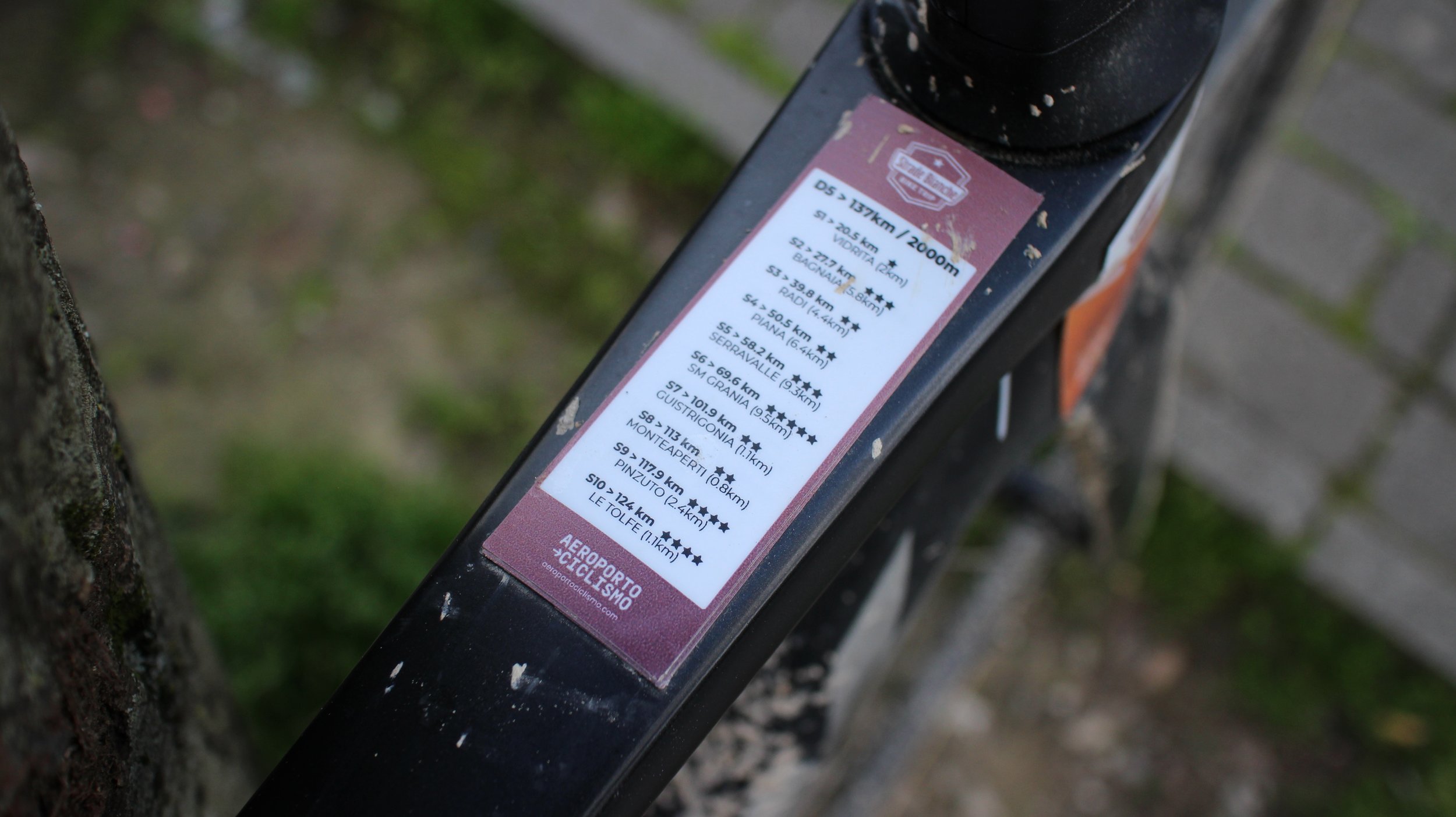 Placa com rotas de ciclismo de 137 km a 124 km na região de Le TOLFE, com informações de distância, dificuldade e estrelas de avaliação.