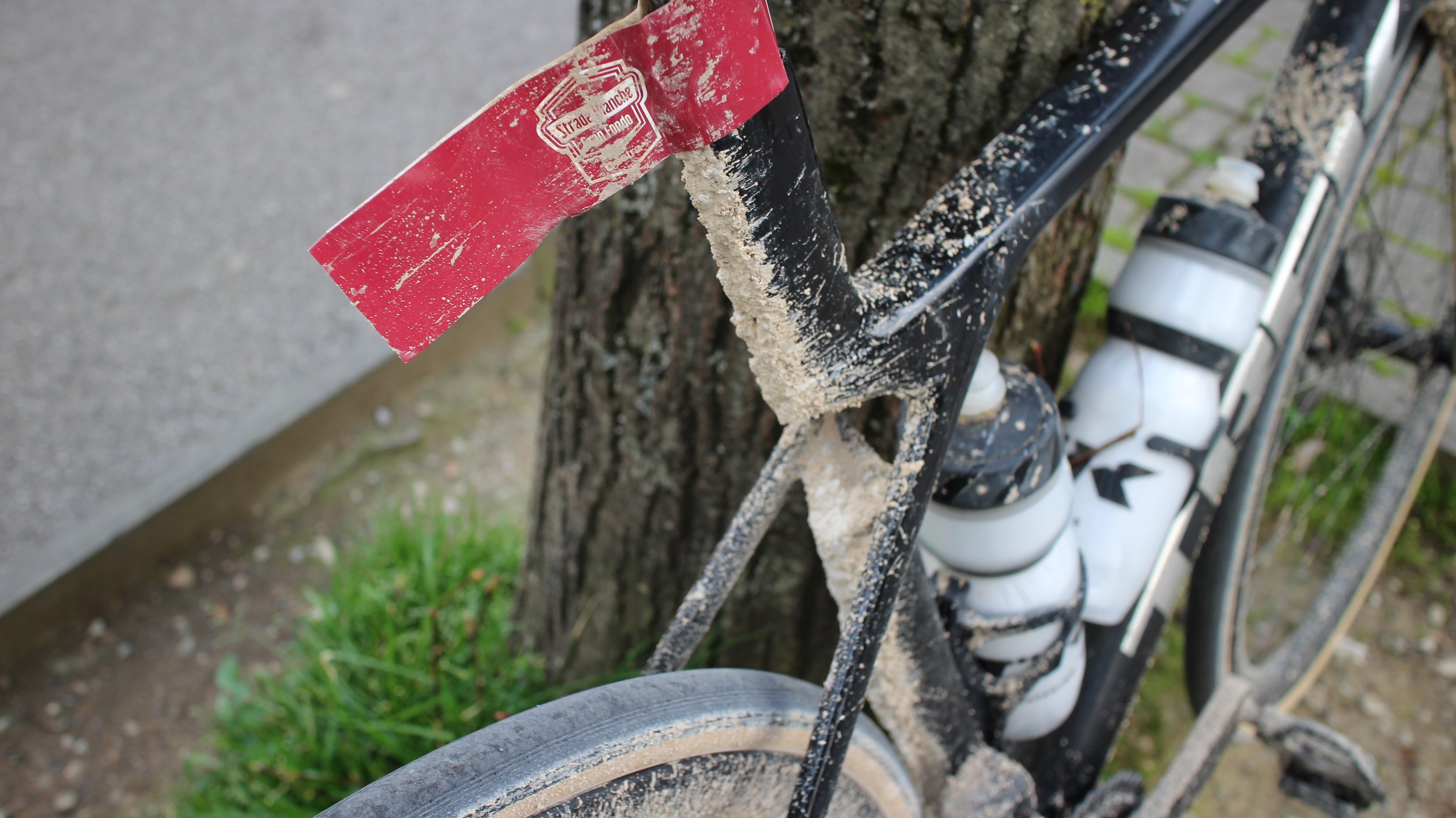 Bicicleta encostada em uma árvore, com lama e sujeira na estrutura e pneus.
