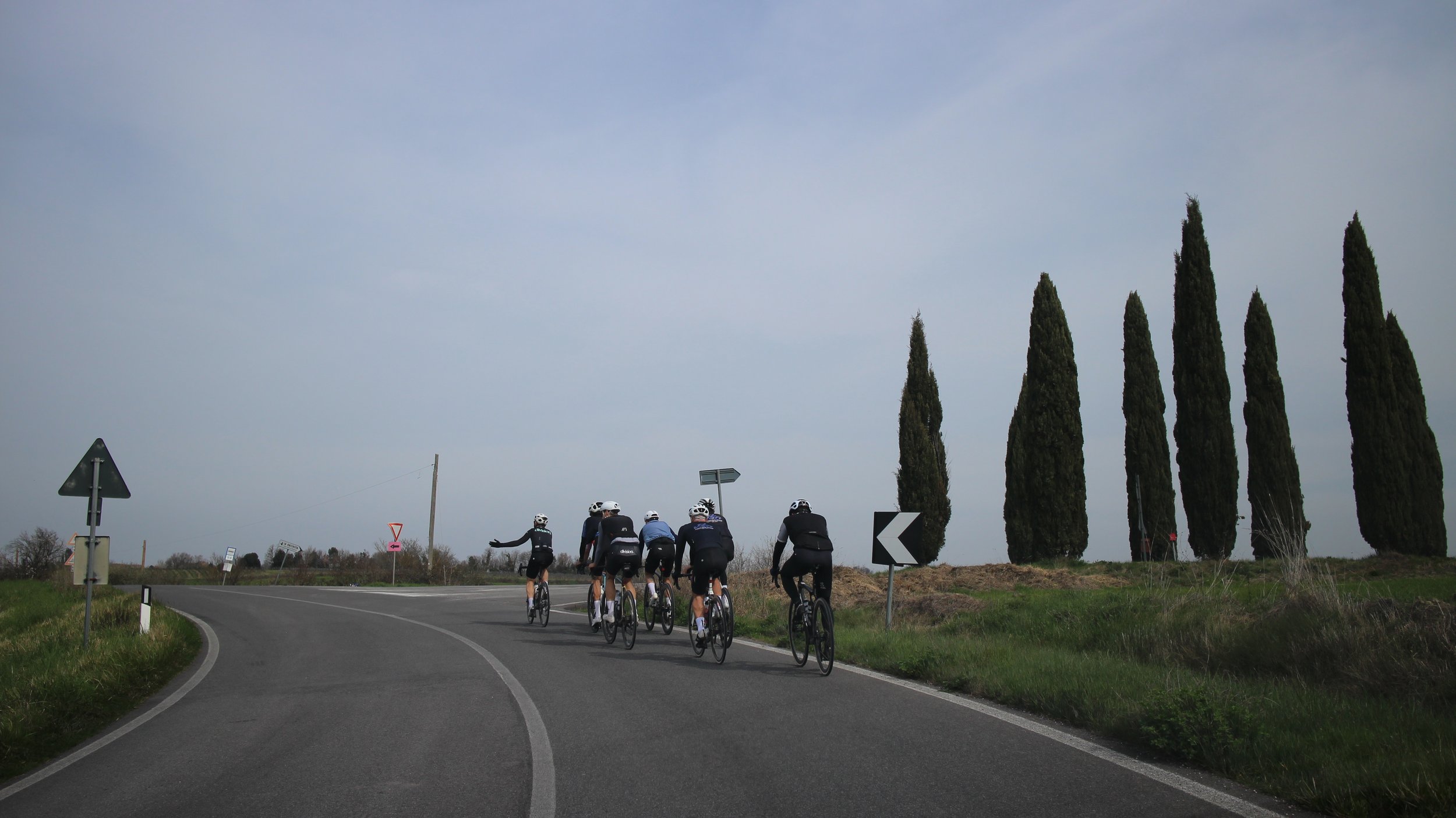 Grupo de ciclistas pedalando numa estrada, com árvores altas ao lado e sinalizações de trânsito à beira da estrada.